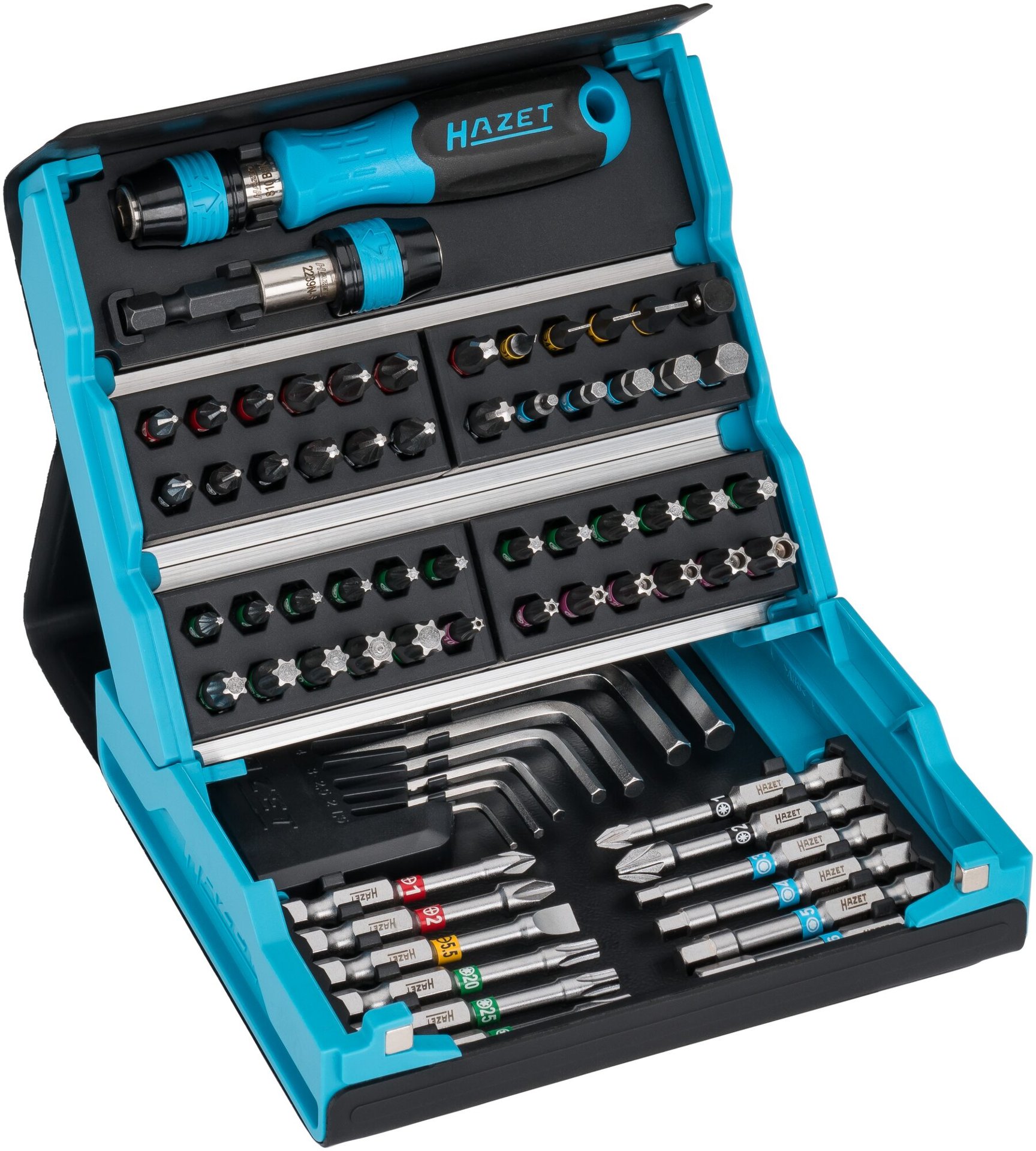 HAZET SmartCase Bit Satz 2200SC-1 ∙ 1/4 Zoll (6,3 mm) Sechskant massiv ∙ Schlitz Profil, Kreuzschlitz Profil PH, Pozidriv Profil PZ, Innen Sechskant Profil, Innen TORX® Profil, Tamper Resistant TORX® Profil ∙ 69-teilig ∙ 1,5 – 6 ∙ PH1 – PH3 ∙ PZ1 – PZ3 ∙ T6 – T Produktbild img1 L
