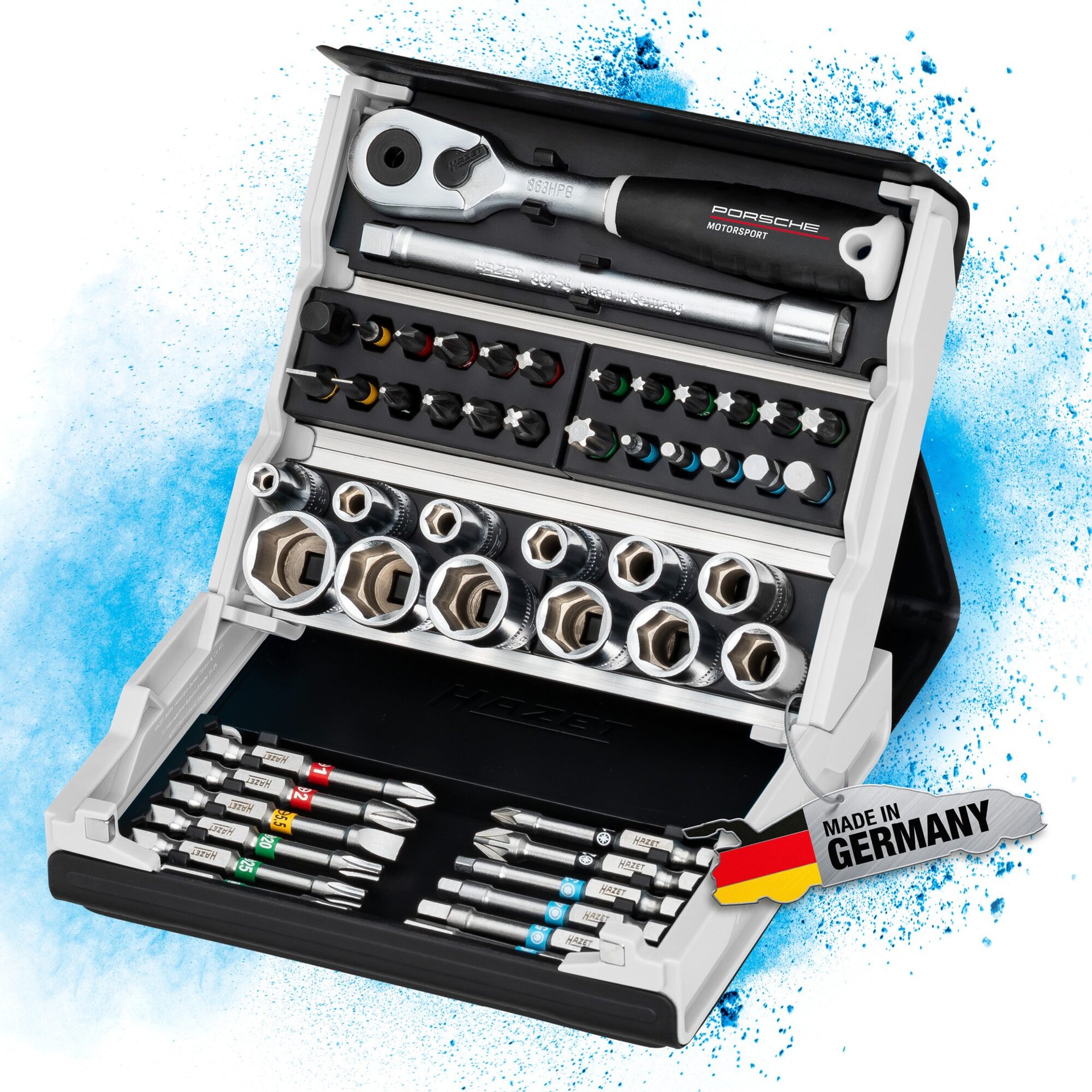HAZET SmartCase Steckschlüssel Satz 2200SC-2-PD ∙ 1/4 Zoll (6,3 mm) Sechskant massiv, 1/4 Zoll (6,3 mm) Vierkant hohl ∙ Außen Doppelsechskant-Tractionsprofil, Schlitz Profil, Kreuzschlitz Profil PH, Pozidriv Profil PZ, Innen Sechskant Profil, Innen TORX® Profil Produktbild img2 L
