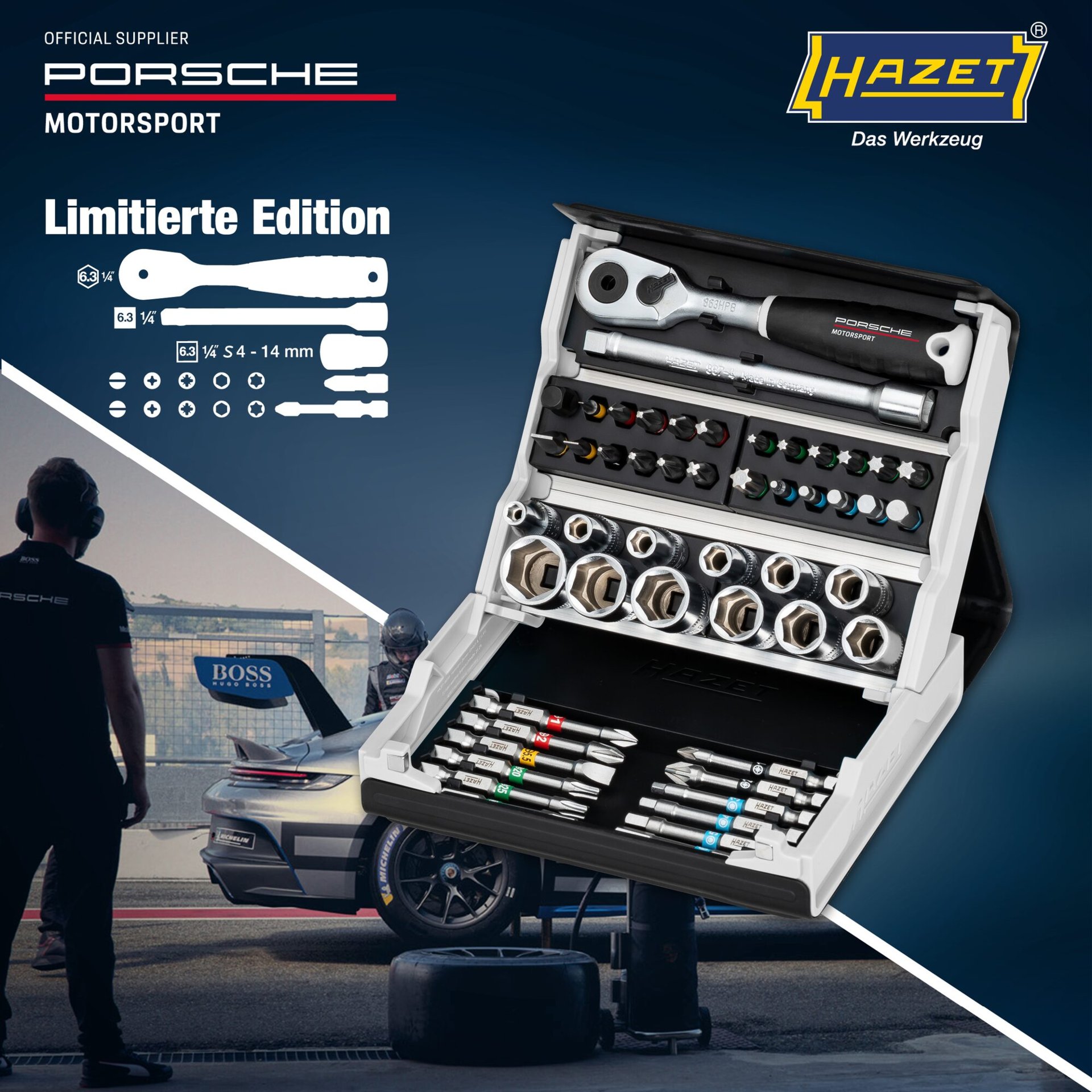 HAZET SmartCase Steckschlüssel Satz 2200SC-2-PD ∙ 1/4 Zoll (6,3 mm) Sechskant massiv, 1/4 Zoll (6,3 mm) Vierkant hohl ∙ Außen Doppelsechskant-Tractionsprofil, Schlitz Profil, Kreuzschlitz Profil PH, Pozidriv Profil PZ, Innen Sechskant Profil, Innen TORX® Profil Produktbild img4 L