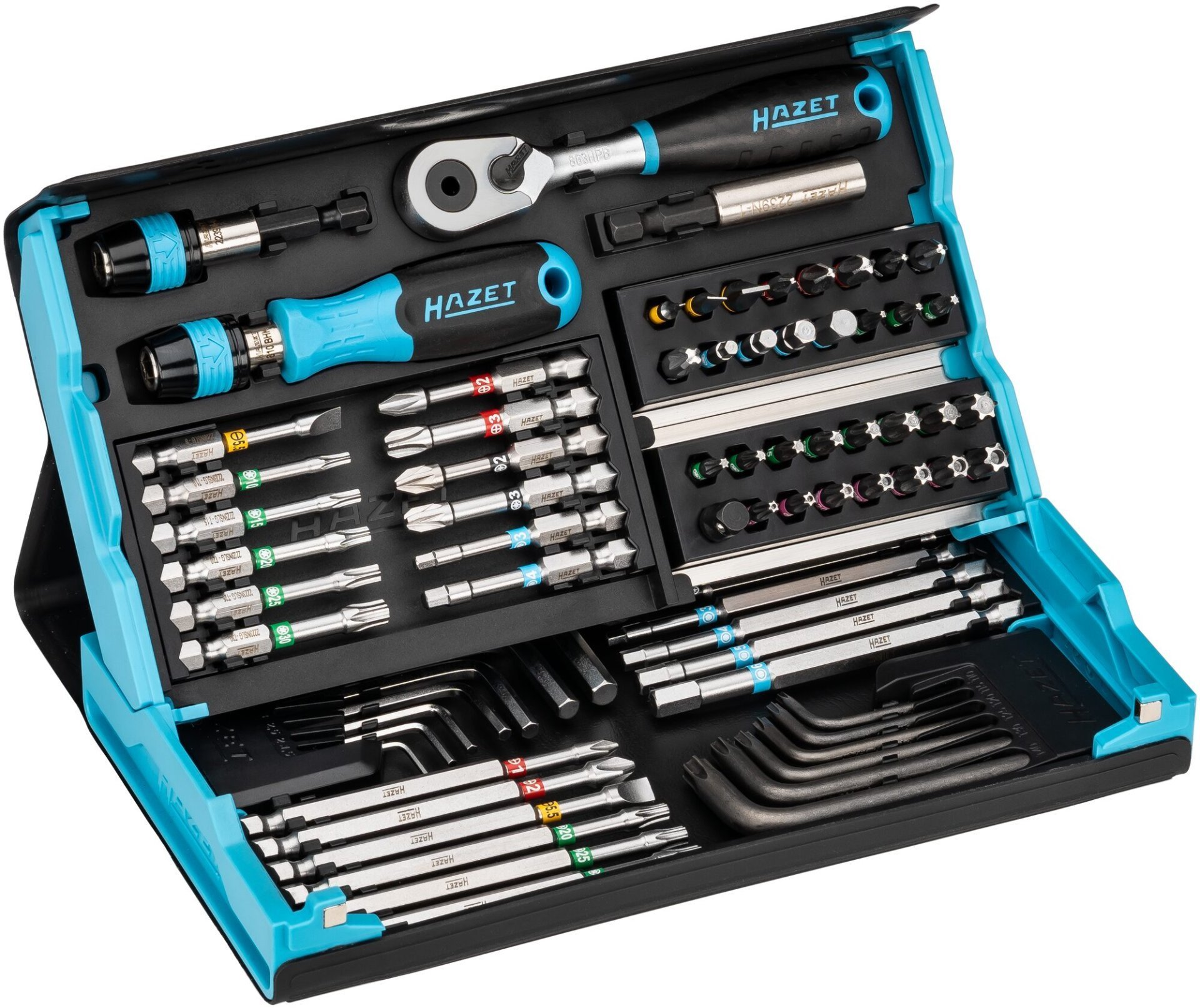 HAZET SmartCase Bit Satz 2200SC-31 ∙ 1/4 Zoll (6,3 mm) Sechskant massiv ∙ Schlitz Profil, Kreuzschlitz Profil PH, Pozidriv Profil PZ, Innen Sechskant Profil, Innen TORX® Profil, Tamper Resistant TORX® Profil ∙ 73-teilig ∙ 1,5 – 6 ∙ PH1 – PH3 ∙ PZ1 – PZ3 ∙ T6 – Produktbild img1 L