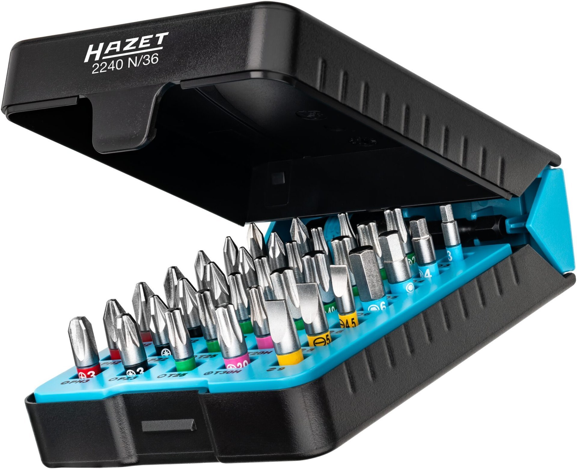 HAZET Bit Satz 2240N/36 ∙ 1/4 Zoll (6,3 mm) Sechskant massiv ∙ Pozidriv Profil PZ, Kreuzschlitz Profil PH, Tamper Resistant TORX® Profil, Innen Sechskant Profil, Schlitz Profil, Innen TORX® Profil ∙ 36-teilig ∙ 3 – 6 ∙ PH1 – PH3 ∙ PZ1 – PZ3 ∙ T10 – T40 Produktbild img4 L