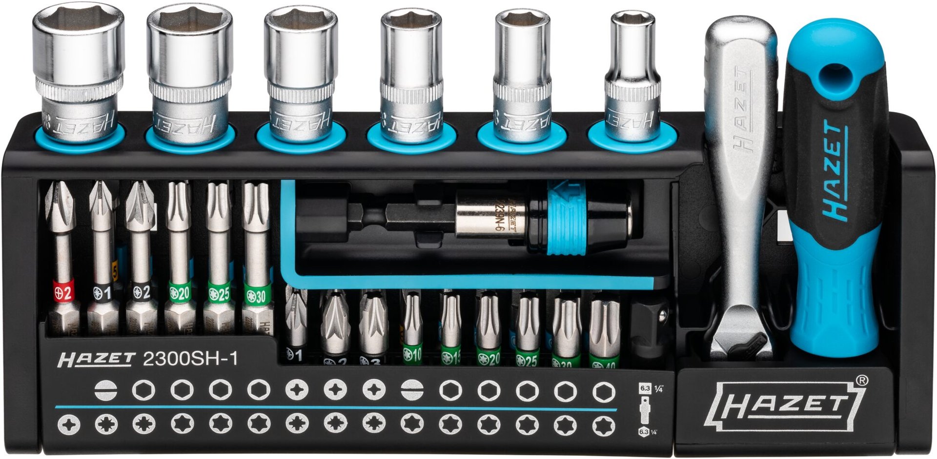 HAZET SmartHolder Werkzeug Halter 2300SH-1 ∙ 1/4 Zoll (6,3 mm) Sechskant massiv, 1/4 Zoll (6,3 mm) Vierkant hohl ∙ Schlitz Profil, Kreuzschlitz Profil PH, Pozidriv Profil PZ, Innen Sechskant Profil, Innen TORX® Profil, Außen Sechskant-Tractionsprofil ∙ 39-teili Produktbild img1 L