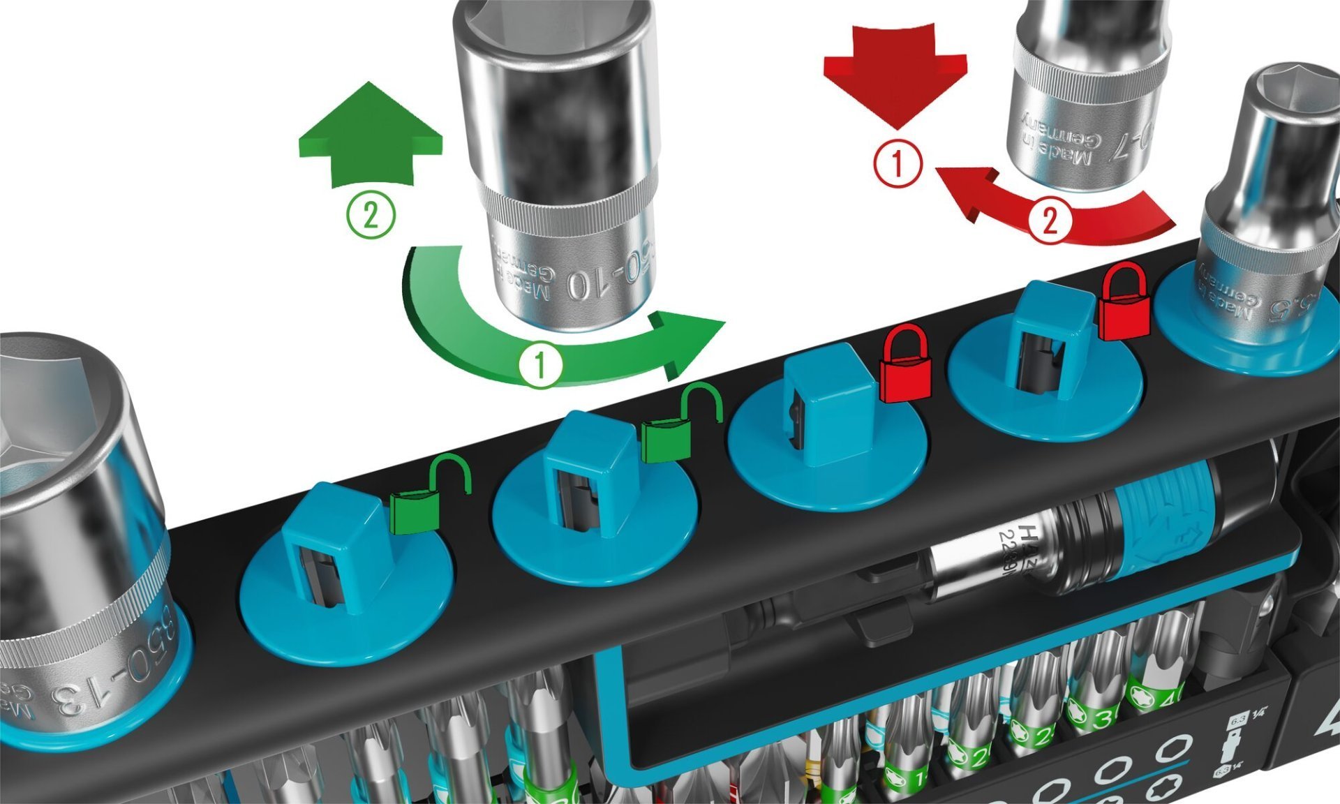 HAZET SmartHolder Werkzeug Halter 2300SH-1 ∙ 1/4 Zoll (6,3 mm) Sechskant massiv, 1/4 Zoll (6,3 mm) Vierkant hohl ∙ Schlitz Profil, Kreuzschlitz Profil PH, Pozidriv Profil PZ, Innen Sechskant Profil, Innen TORX® Profil, Außen Sechskant-Tractionsprofil ∙ 39-teili Produktbild img2 L