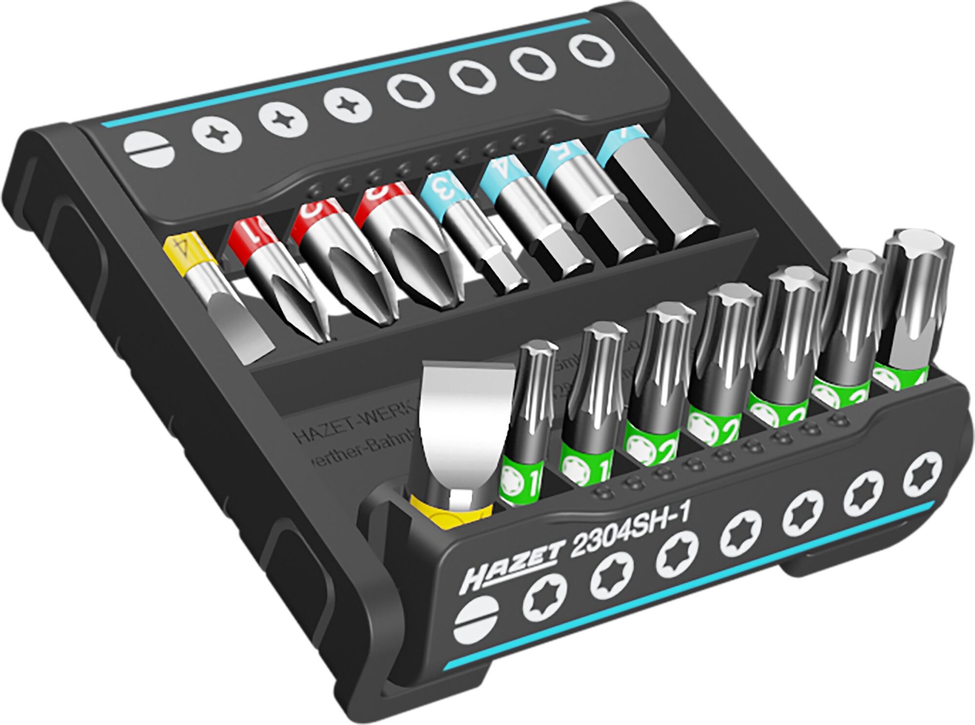 HAZET SmartHolder mit 16 Bits ∙ kurz 2304SH-1 ∙ 1/4 Zoll (6,3 mm) Sechskant massiv ∙ Schlitz Profil, Kreuzschlitz Profil PH, Innen Sechskant Profil, Innen TORX® Profil ∙ 16-teilig ∙ PH1 – PH3 ∙ 3 – 6 mm ∙ T10 – T40 Produktbild img1 L