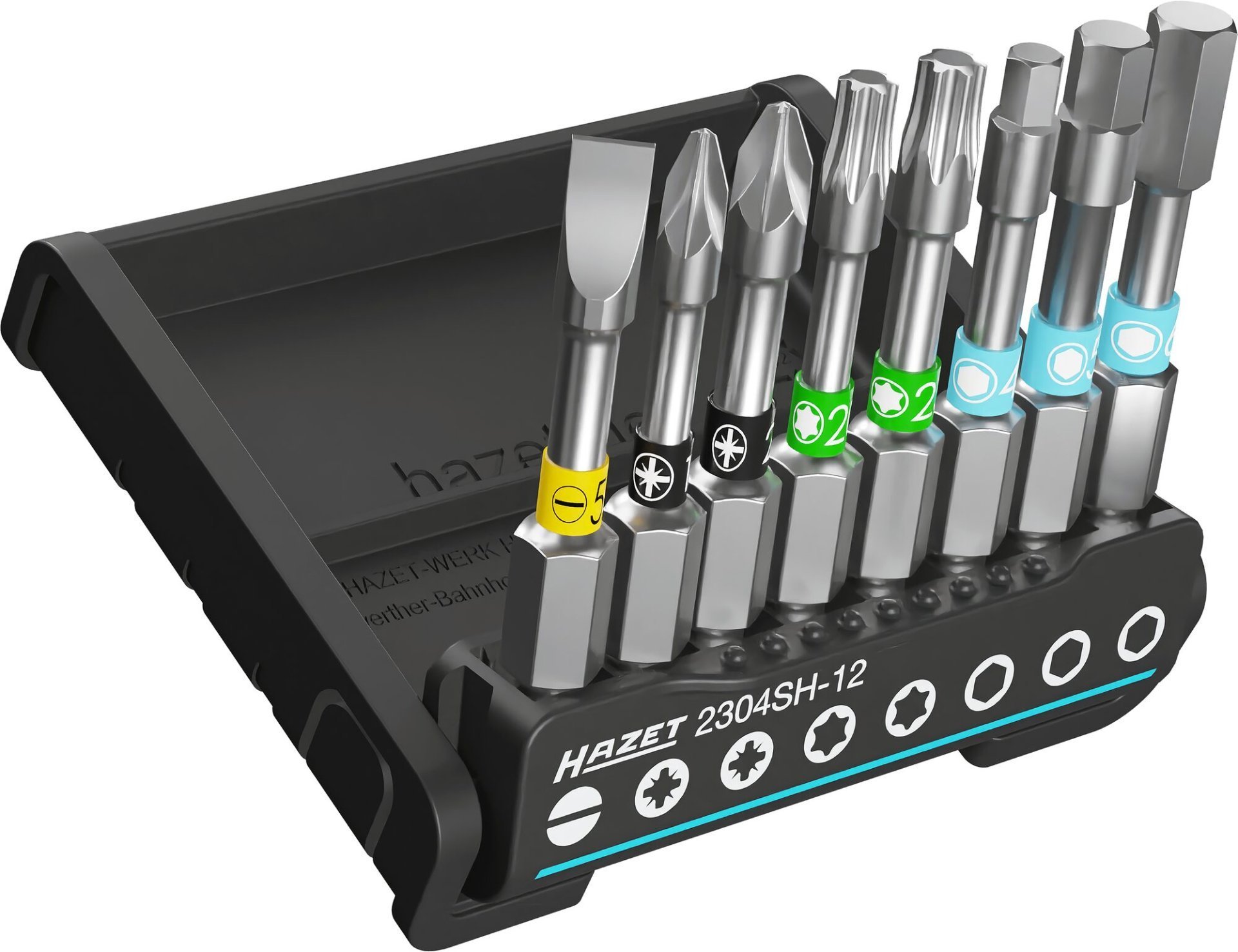 HAZET SmartHolder mit 8 Bits ∙ lang 2304SH-12 ∙ 1/4 Zoll (6,3 mm) Sechskant massiv ∙ Schlitz Profil, Innen Sechskant Profil, Kreuzschlitz Profil PH, Pozidriv Profil PZ, Innen TORX® Profil ∙ 8-teilig ∙ PZ1 ∙ PZ2 ∙ 4 ∙ 5 ∙ 6 mm ∙ T20 ∙ T25 ∙ Produktbild img1 L