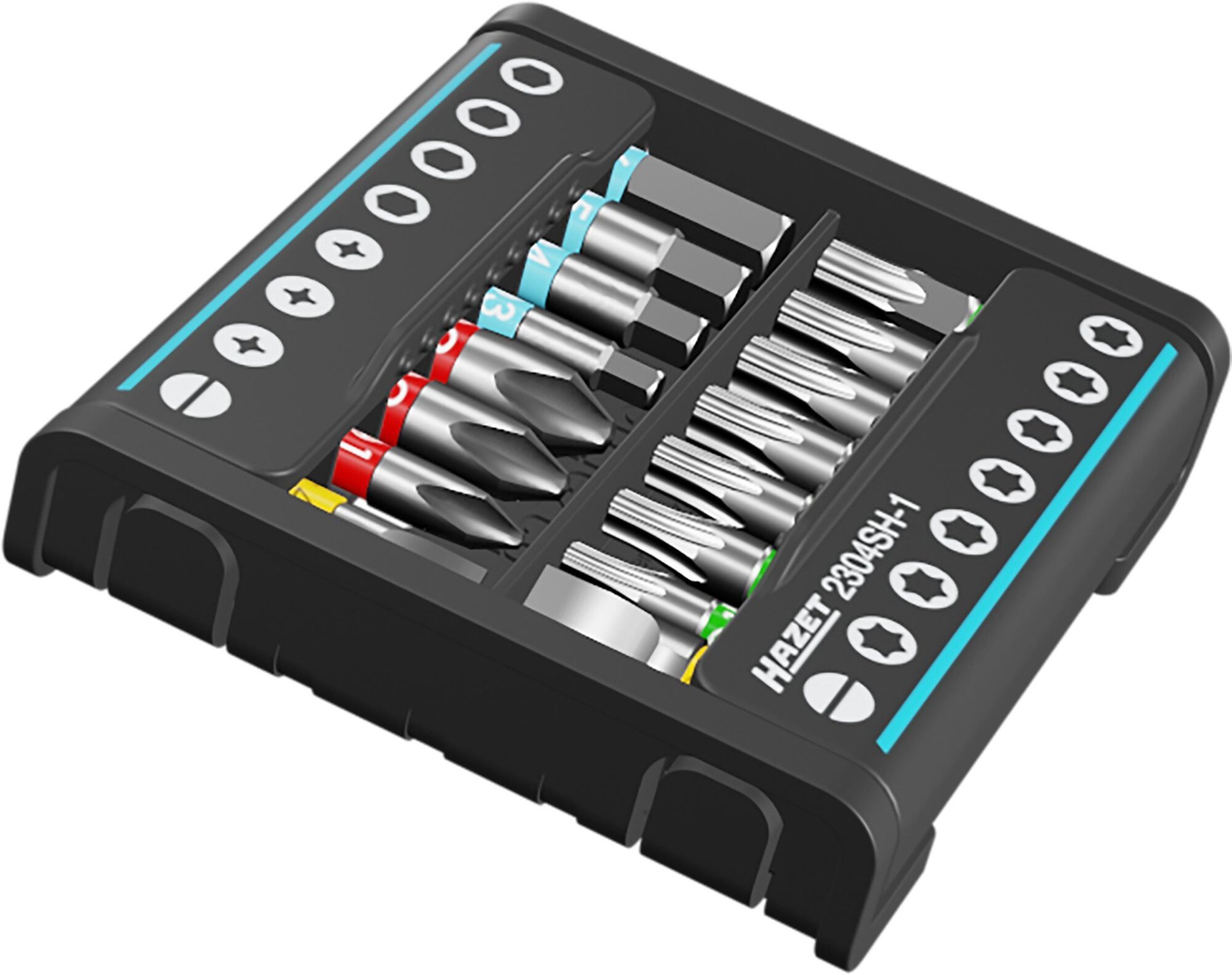 HAZET SmartHolder mit 16 Bits ∙ kurz 2304SH-1 ∙ 1/4 Zoll (6,3 mm) Sechskant massiv ∙ Schlitz Profil, Kreuzschlitz Profil PH, Innen Sechskant Profil, Innen TORX® Profil ∙ 16-teilig ∙ PH1 – PH3 ∙ 3 – 6 mm ∙ T10 – T40 Produktbild img2 L