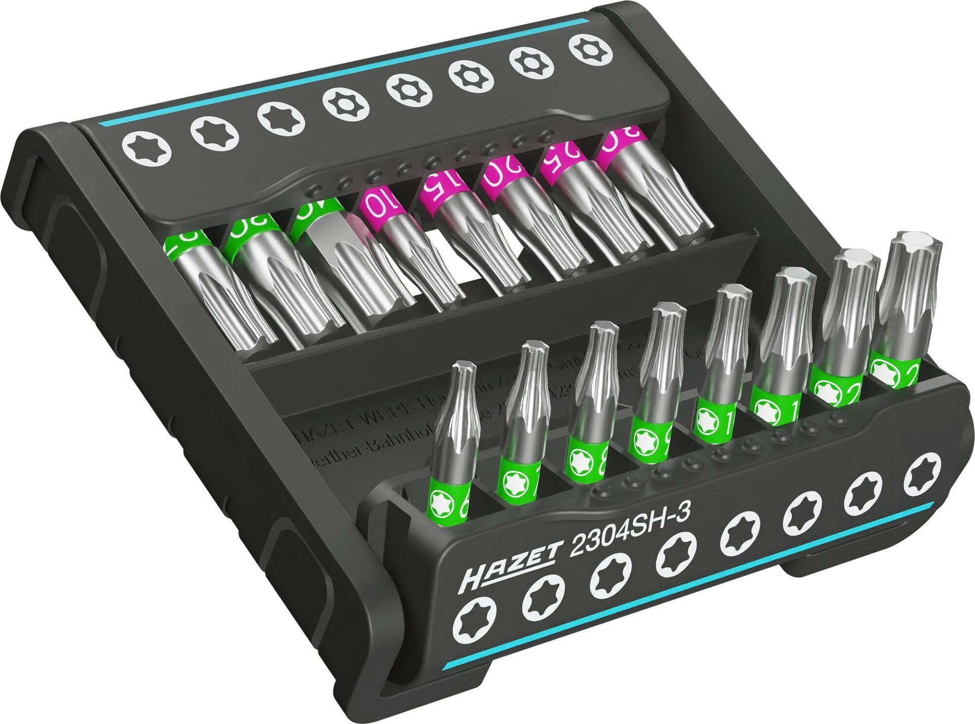 HAZET SmartHolder mit 16 Bits ∙ kurz 2304SH-3 ∙ 1/4 Zoll (6,3 mm) Sechskant massiv ∙ Innen TORX® Profil, Tamper Resistant TORX® Profil ∙ 16-teilig ∙ T6 – T40 ∙ T10H – T30H Produktbild img1 L