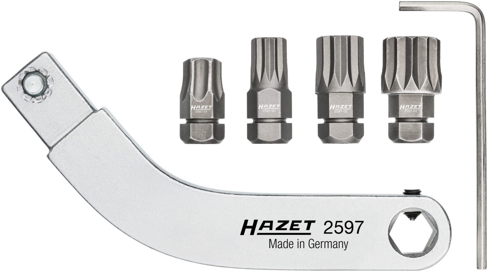 HAZET Türscharnier-Einsteckwerkzeug ∙ gebogener Bithalter ∙ Satz 2597-2/5 ∙ 9 x 12 mm Einsteck-Vierkant massiv ∙ 5/16 Zoll (8 mm) Sechskant hohl, Innen TORX® Profil, Innen Vielzahn Profil XZN ∙ 5-teilig ∙ SW T45, M8, M10, M12 Produktbild img1 L