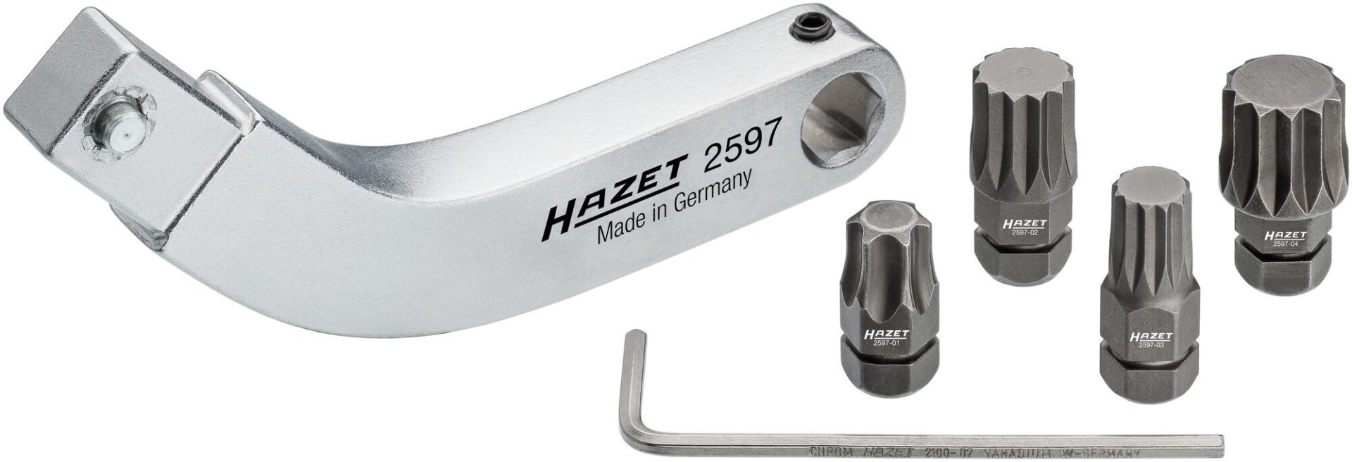 HAZET Türscharnier-Einsteckwerkzeug ∙ gebogener Bithalter ∙ Satz 2597-2/5 ∙ 9 x 12 mm Einsteck-Vierkant massiv ∙ 5/16 Zoll (8 mm) Sechskant hohl, Innen TORX® Profil, Innen Vielzahn Profil XZN ∙ 5-teilig ∙ SW T45, M8, M10, M12 Produktbild img4 L