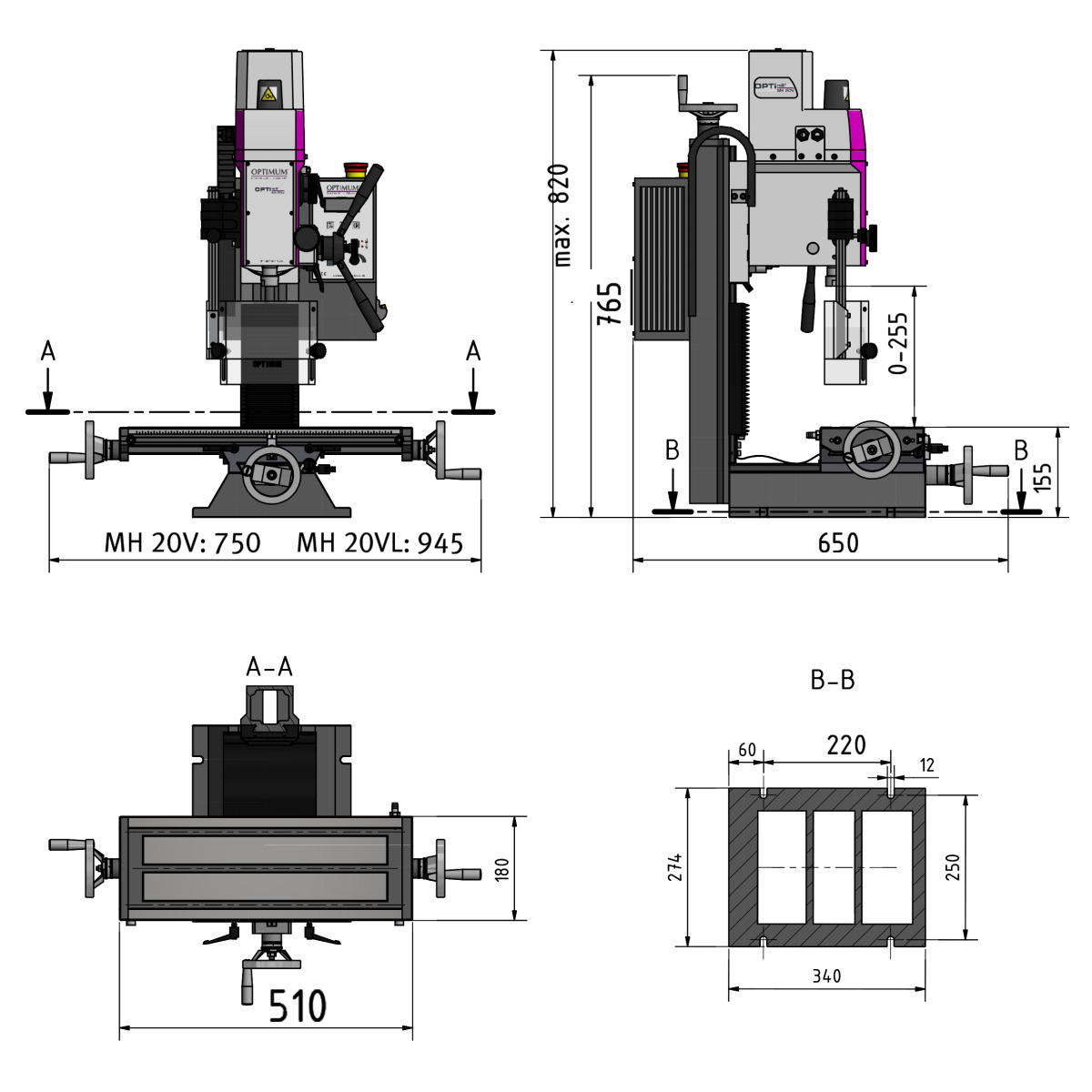 Optimum Bohr-Fräsmaschine OPTImill MH 20V Produktbild img6 L