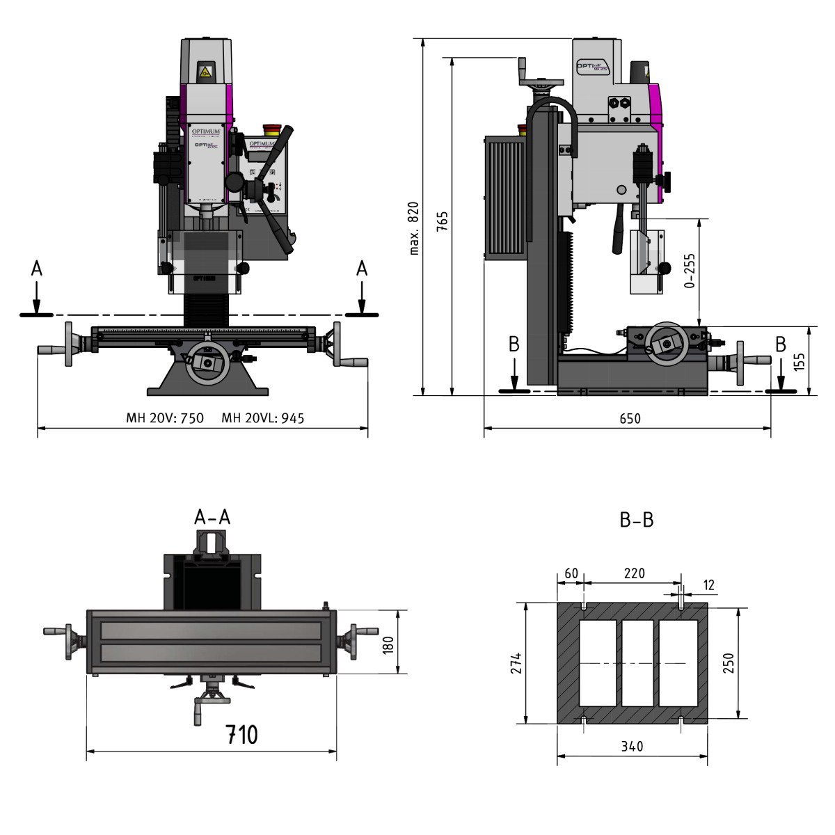 Bohr-Fräsmaschine Optimum OPTImill MH 20VLD Produktbild img7 L