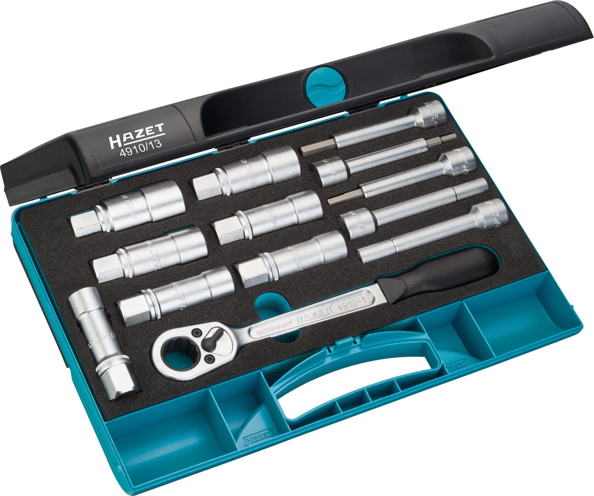 HAZET Stoßdämpfer Werkzeug Satz 4910/13 ∙ 1/2 Zoll (12,5 mm) Vierkant hohl ∙ Innen Sechskant Profil, Zapfenprofil hohl, Außen Sechskant Profil ∙ 13-teilig Produktbild img1 L