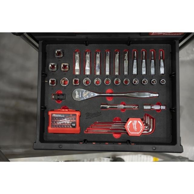 Milwaukee 70-teilige Einlage für PACKOUT Koffer mit Schubladen Sechskantschlüssel, SHOCKWAVE Bits & 1/2" Ratschen u. Steckschlüsseleinsätze Einlage Produktbild img3 L