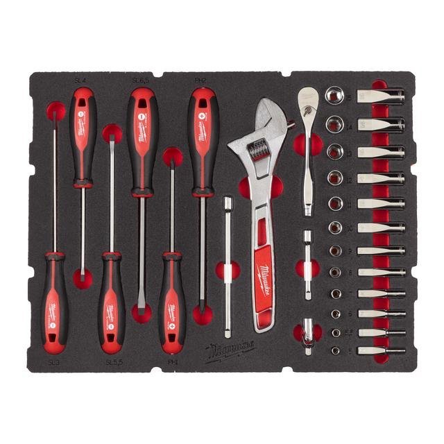 Milwaukee 35-teilige Einlage für PACKOUT Koffer mit Schubladen 1/4" Ratschen- u. Steckschlüsseleinsätze, Tri-Lobe-Schraubendreher & Rollgabelschlüssel Einlage Produktbild img1 L