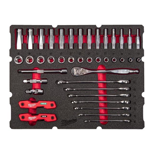 Milwaukee 55-teilige Einlage für PACKOUT Koffer mit Schubladen 3/8" Ratschen- u. Steckschlüsseleinsätze, Ratschen-Ringmaulschlüssel Einlage Produktbild img1 L