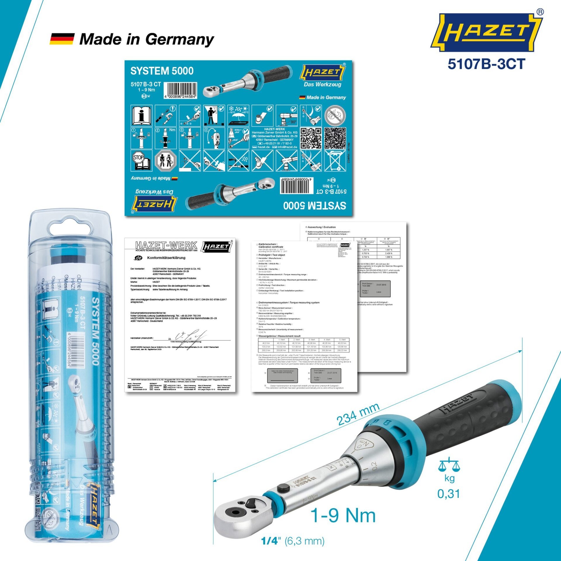 HAZET Drehmomentschlüssel mit Bit-Umschaltknarre 5107B-3CT ∙ Drehmomentbereich min-max: 1 – 9 Nm ∙ Genauigkeit: 4% ∙ 1/4 Zoll (6,3 mm) Sechskant hohl ∙ Länge: 234 mm Produktbild img5 L