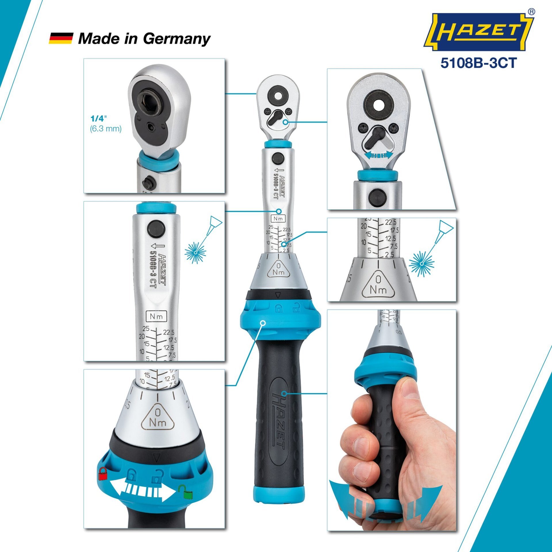 HAZET Drehmomentschlüssel mit Bit-Umschaltknarre 5108B-3CT ∙ Drehmomentbereich min-max: 2.5 – 25 Nm ∙ Genauigkeit: 3% ∙ 1/4 Zoll (6,3 mm) Sechskant hohl ∙ Länge: 234 mm Produktbild img4 L