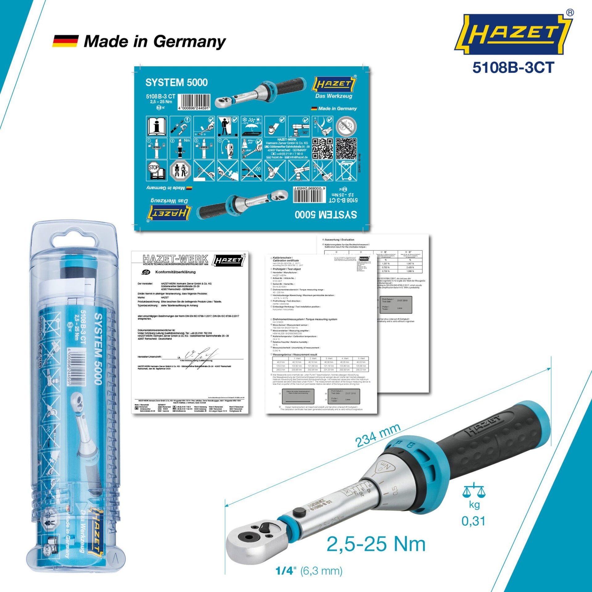 HAZET Drehmomentschlüssel mit Bit-Umschaltknarre 5108B-3CT ∙ Drehmomentbereich min-max: 2.5 – 25 Nm ∙ Genauigkeit: 3% ∙ 1/4 Zoll (6,3 mm) Sechskant hohl ∙ Länge: 234 mm Produktbild img5 L