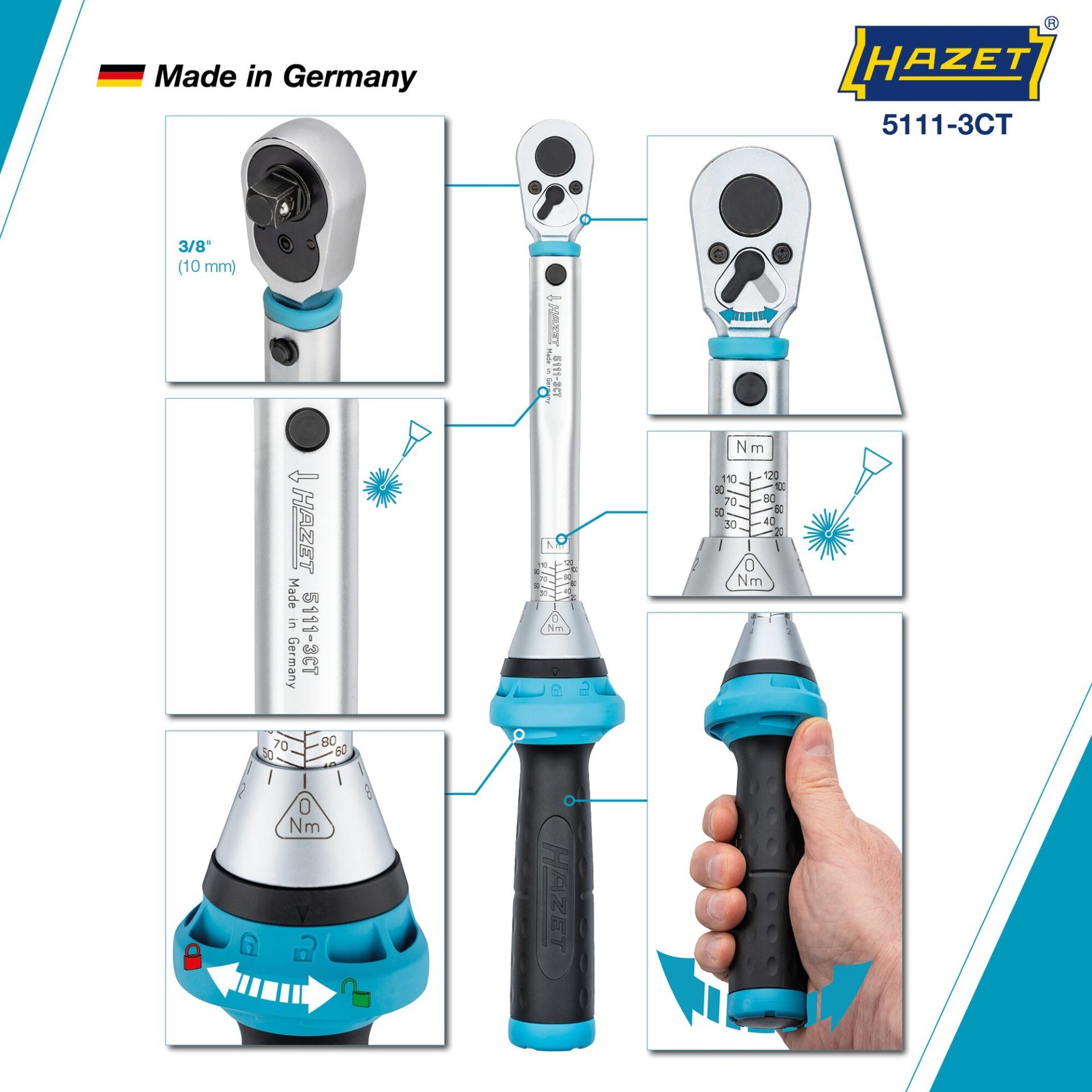 Drehmomentschlüssel 5111-3CT ∙ Drehmomentbereich min-max: 20 – 120 Nm ∙ Genauigkeit: 3% ∙ 3/8 Zoll (10 mm) Vierkant massiv ∙ Länge: 375 mm Produktbild img3 L