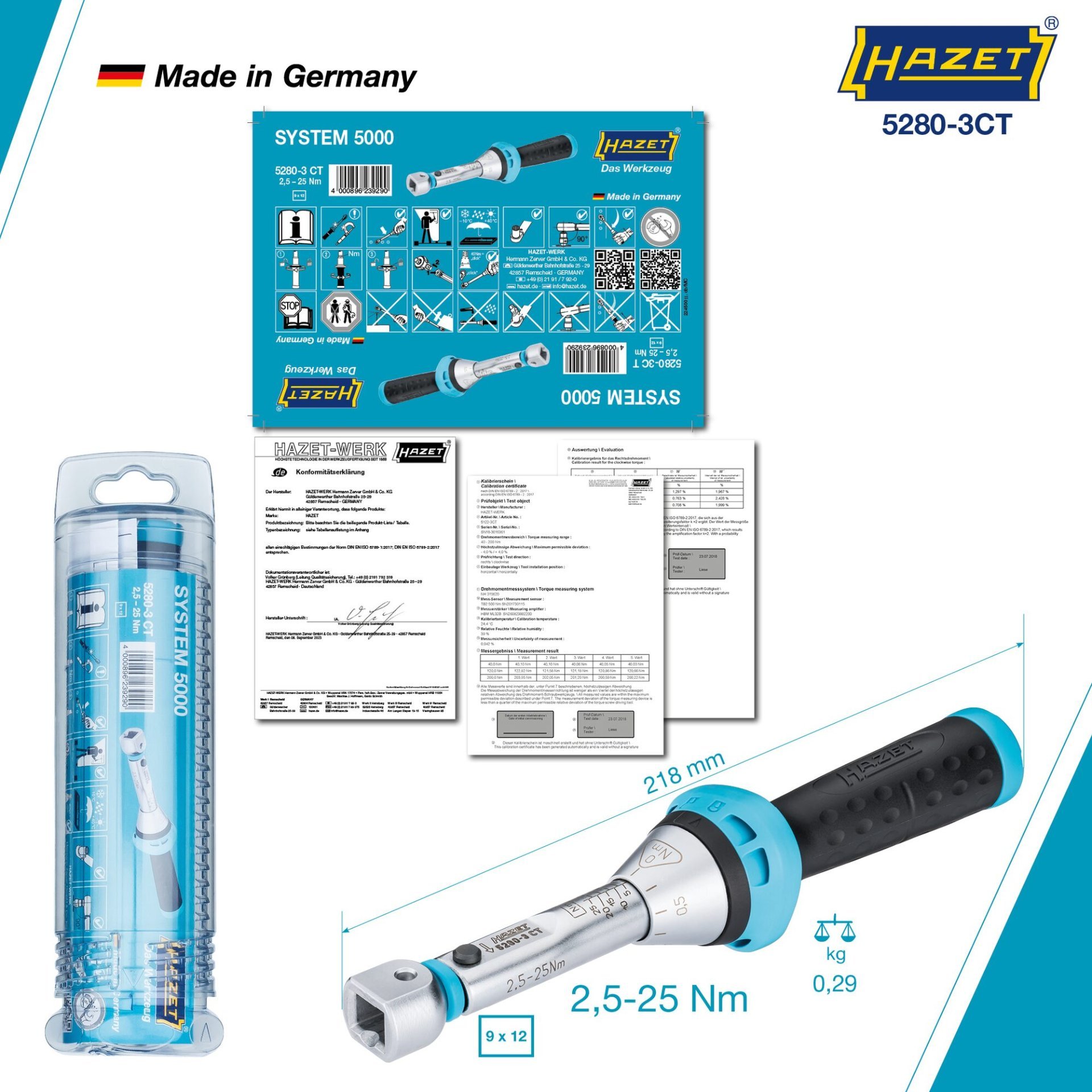 HAZET Drehmomentschlüssel 5280-3CT ∙ Drehmomentbereich min-max: 2.5 – 25 Nm ∙ Genauigkeit: 3% ∙ 9 x 12 mm Einsteck-Vierkant hohl ∙ Länge: 218 mm Produktbild img5 L