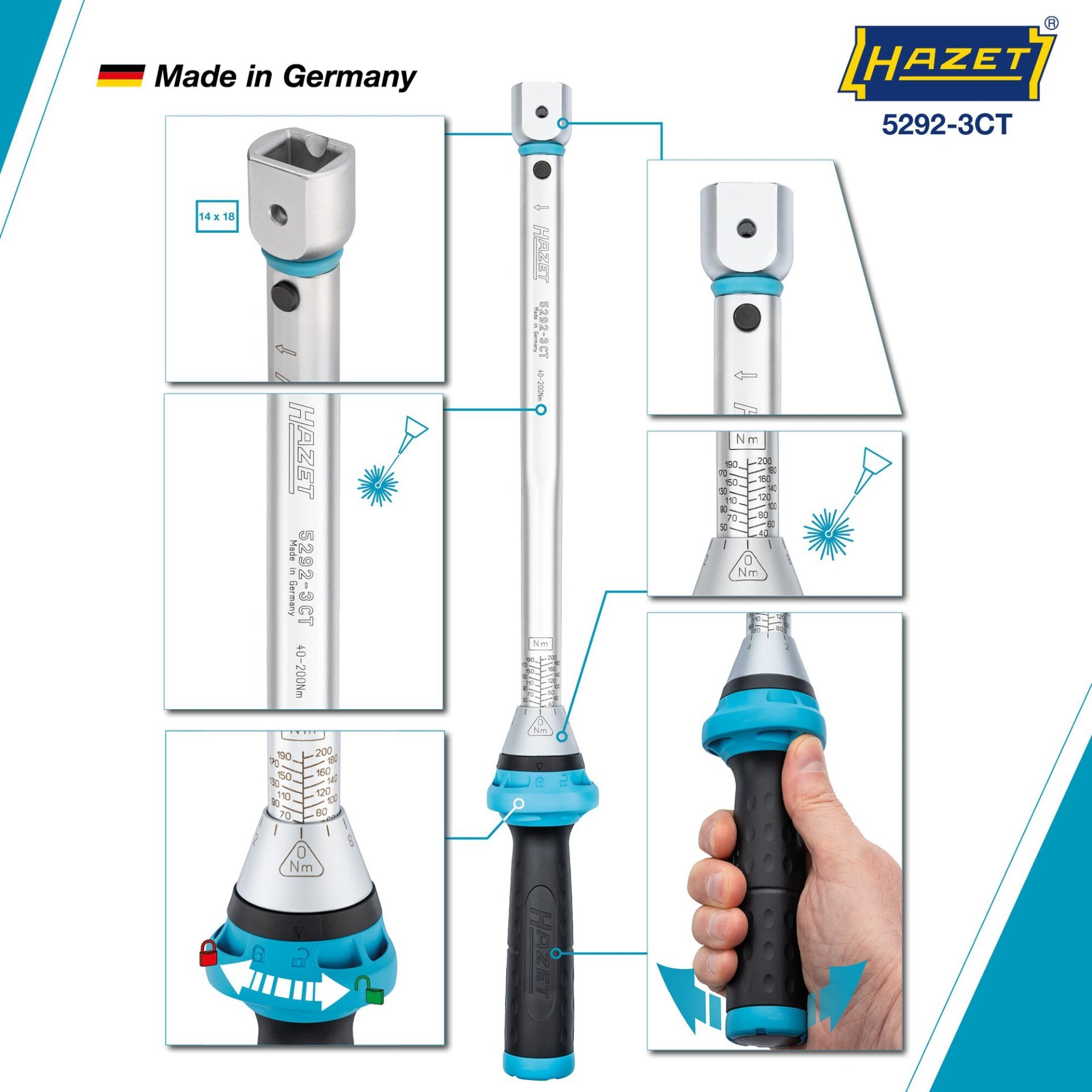 HAZET Drehmomentschlüssel 5292-3CT ∙ Drehmomentbereich min-max: 40 – 200 Nm ∙ Genauigkeit: 3% ∙ 14 x 18 mm Einsteck-Vierkant hohl ∙ Länge: 484 mm Produktbild img4 L