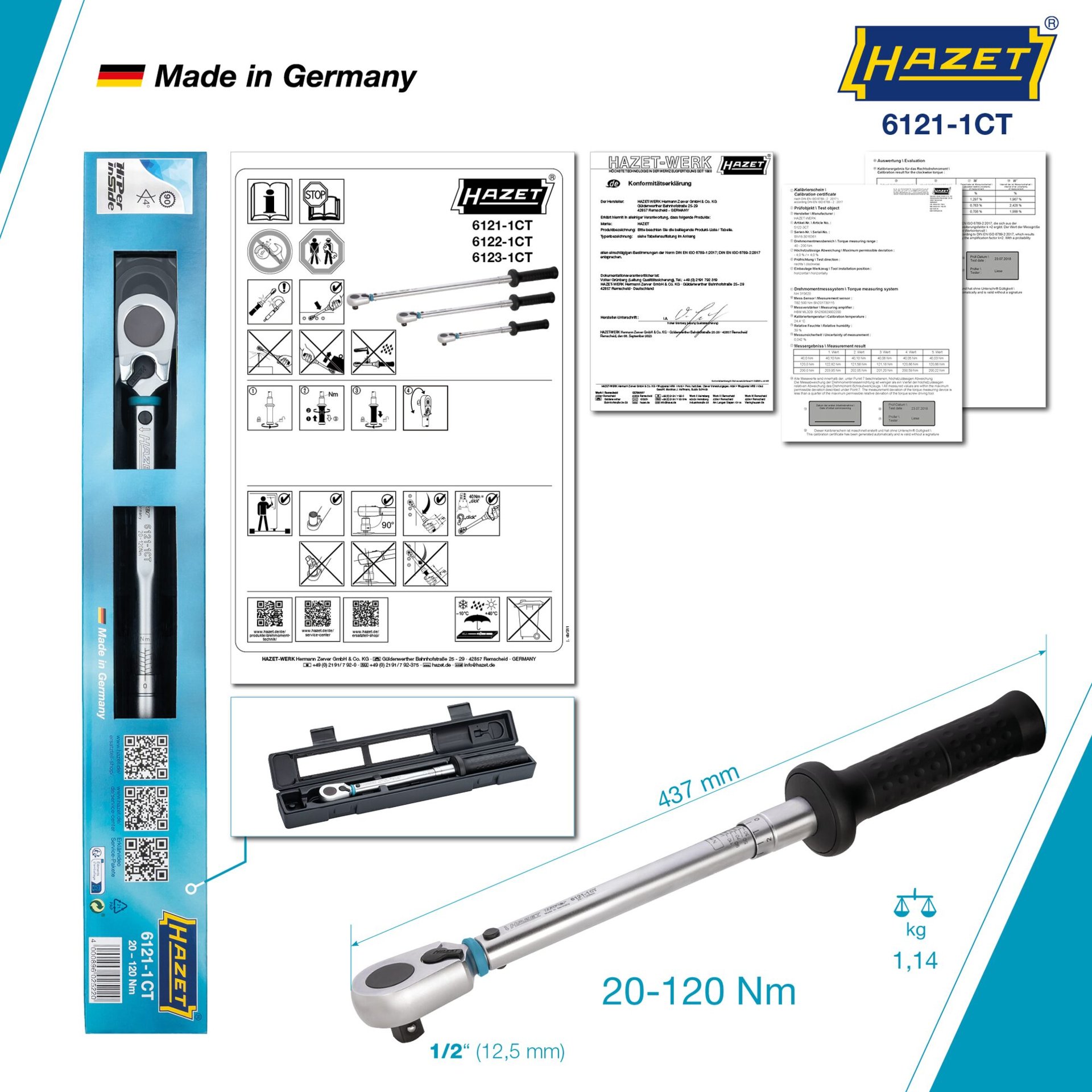 HAZET Drehmomentschlüssel mit DAkkS-Kalibrierschein 6121-1CTCAL ∙ Drehmomentbereich min-max: 20 – 120 Nm ∙ Genauigkeit: 2% ∙ 1/2 Zoll (12,5 mm) Vierkant massiv ∙ Länge: 435 mm Produktbild img9 L
