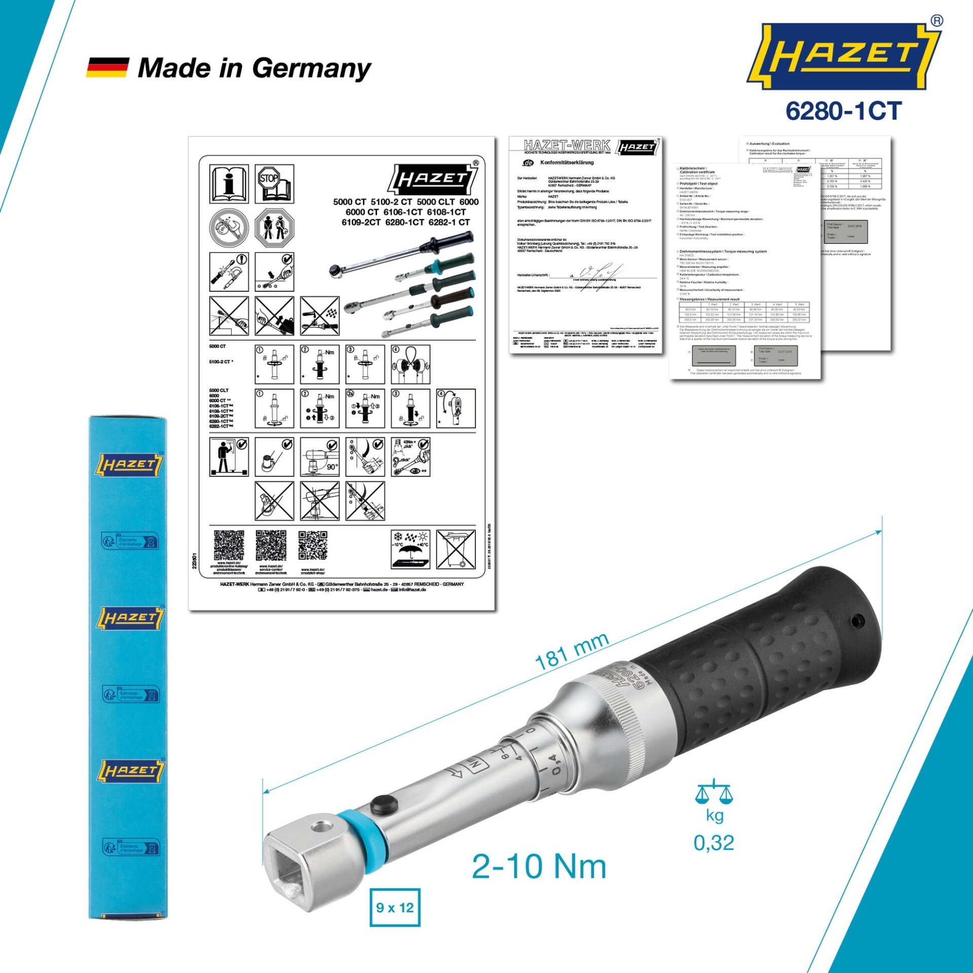 HAZET Drehmomentschlüssel 6280-1CT ∙ Drehmomentbereich min-max: 2 – 10 Nm ∙ Genauigkeit: 2% ∙ 9 x 12 mm Einsteck-Vierkant hohl ∙ Länge: 181 mm Produktbild img4 L