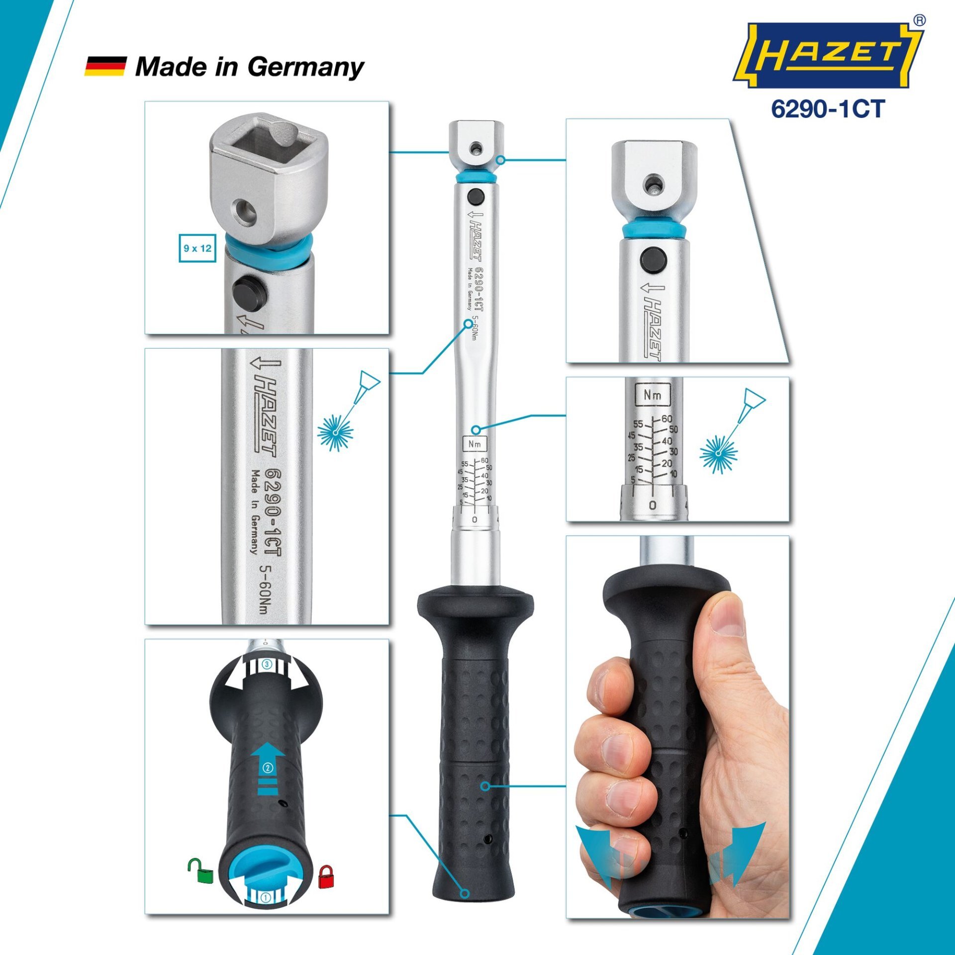 HAZET Drehmomentschlüssel 6290-1CT ∙ Drehmomentbereich min-max: 5 – 60 Nm ∙ Genauigkeit: 2% ∙ 9 x 12 mm Einsteck-Vierkant hohl ∙ Länge: 306 mm Produktbild img3 L