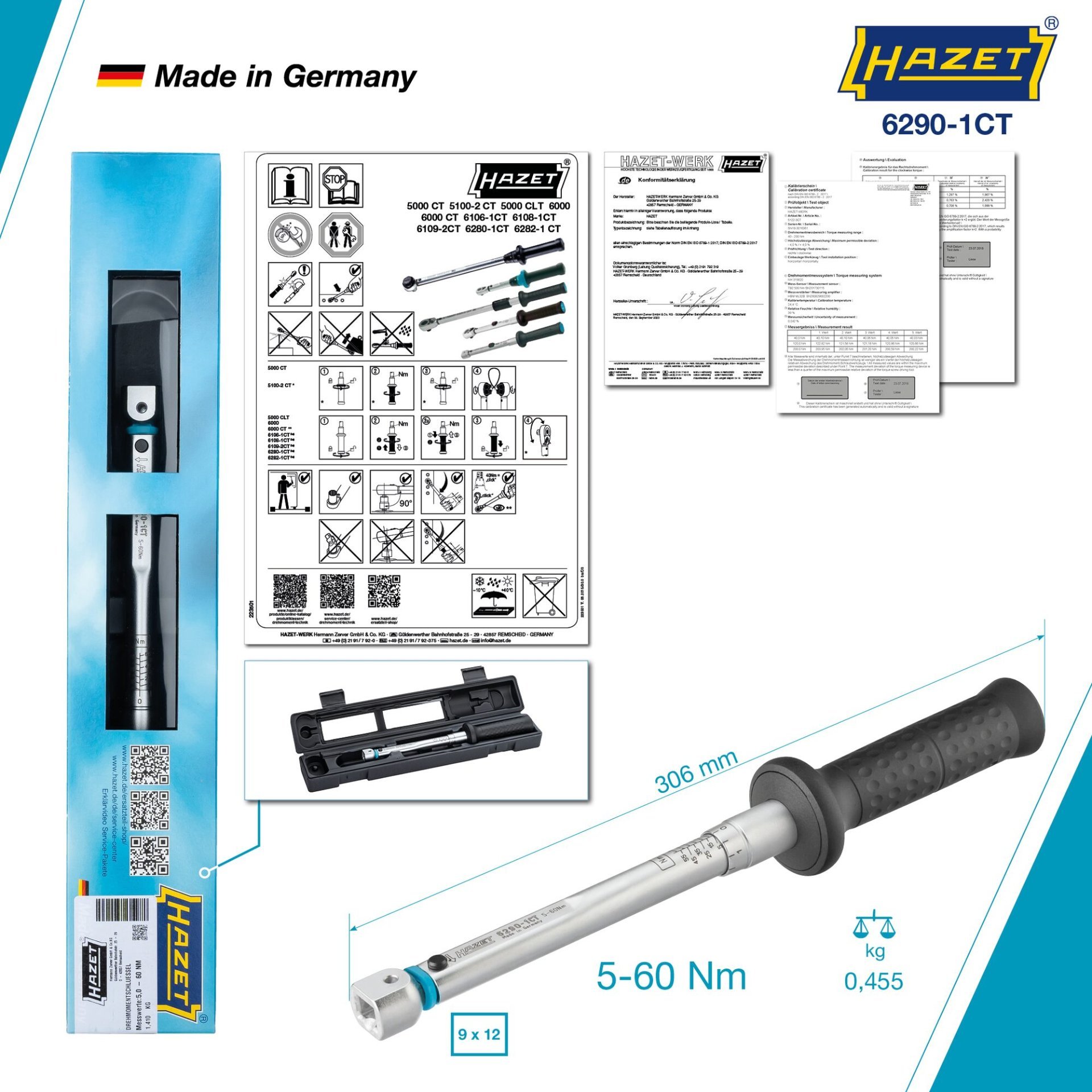 HAZET Drehmomentschlüssel 6290-1CT ∙ Drehmomentbereich min-max: 5 – 60 Nm ∙ Genauigkeit: 2% ∙ 9 x 12 mm Einsteck-Vierkant hohl ∙ Länge: 306 mm Produktbild img4 L
