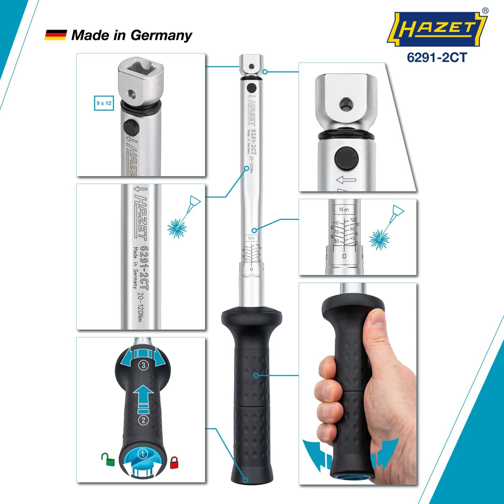 HAZET Drehmomentschlüssel 6291-2CT ∙ Drehmomentbereich min-max: 20 – 120 Nm ∙ Genauigkeit: 2% ∙ 9 x 12 mm Einsteck-Vierkant hohl ∙ Länge: 389 mm Produktbild img3 L