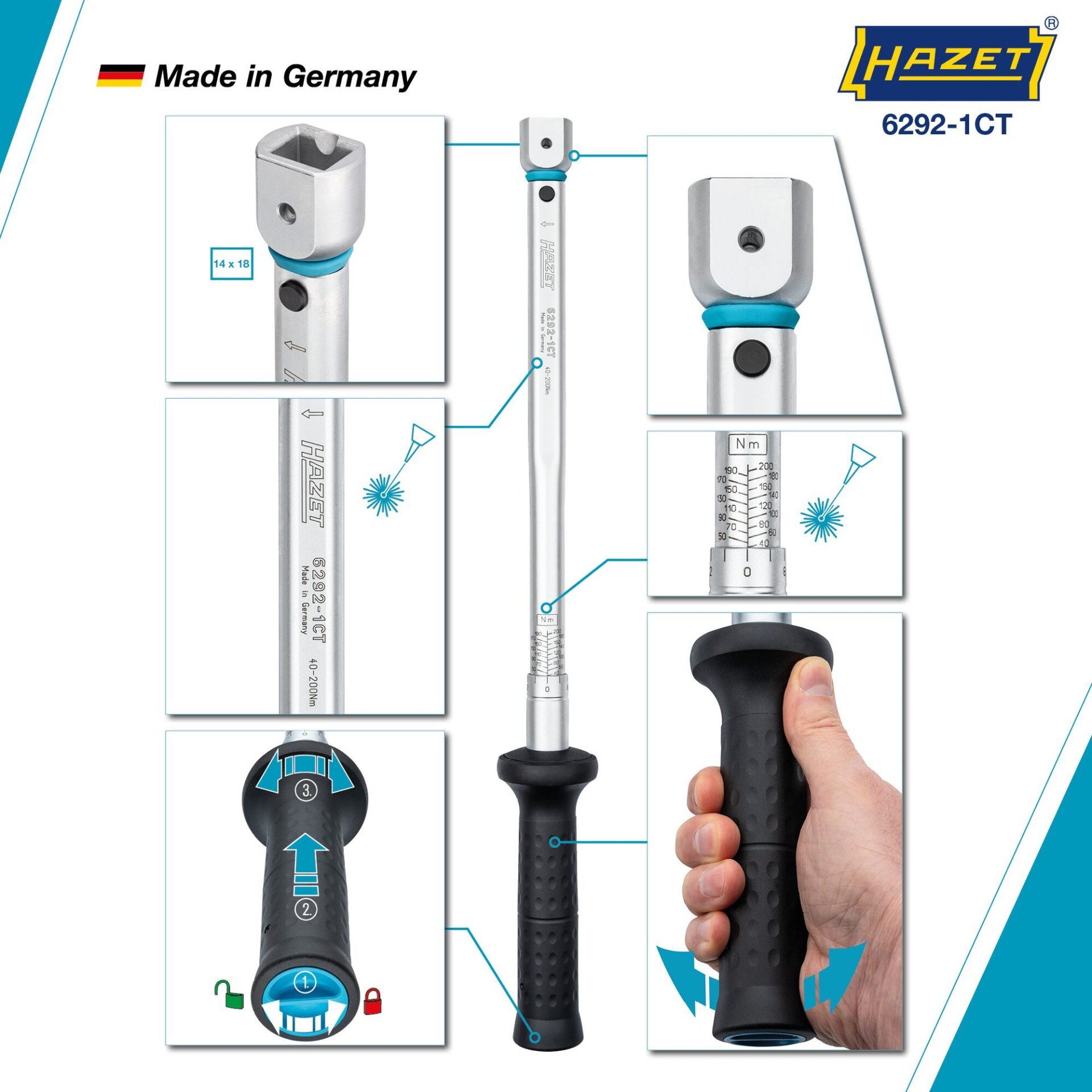 HAZET Drehmomentschlüssel 6292-1CT ∙ Drehmomentbereich min-max: 40 – 200 Nm ∙ Genauigkeit: 2% ∙ 14 x 18 mm Einsteck-Vierkant hohl ∙ Länge: 511 mm Produktbild img3 L