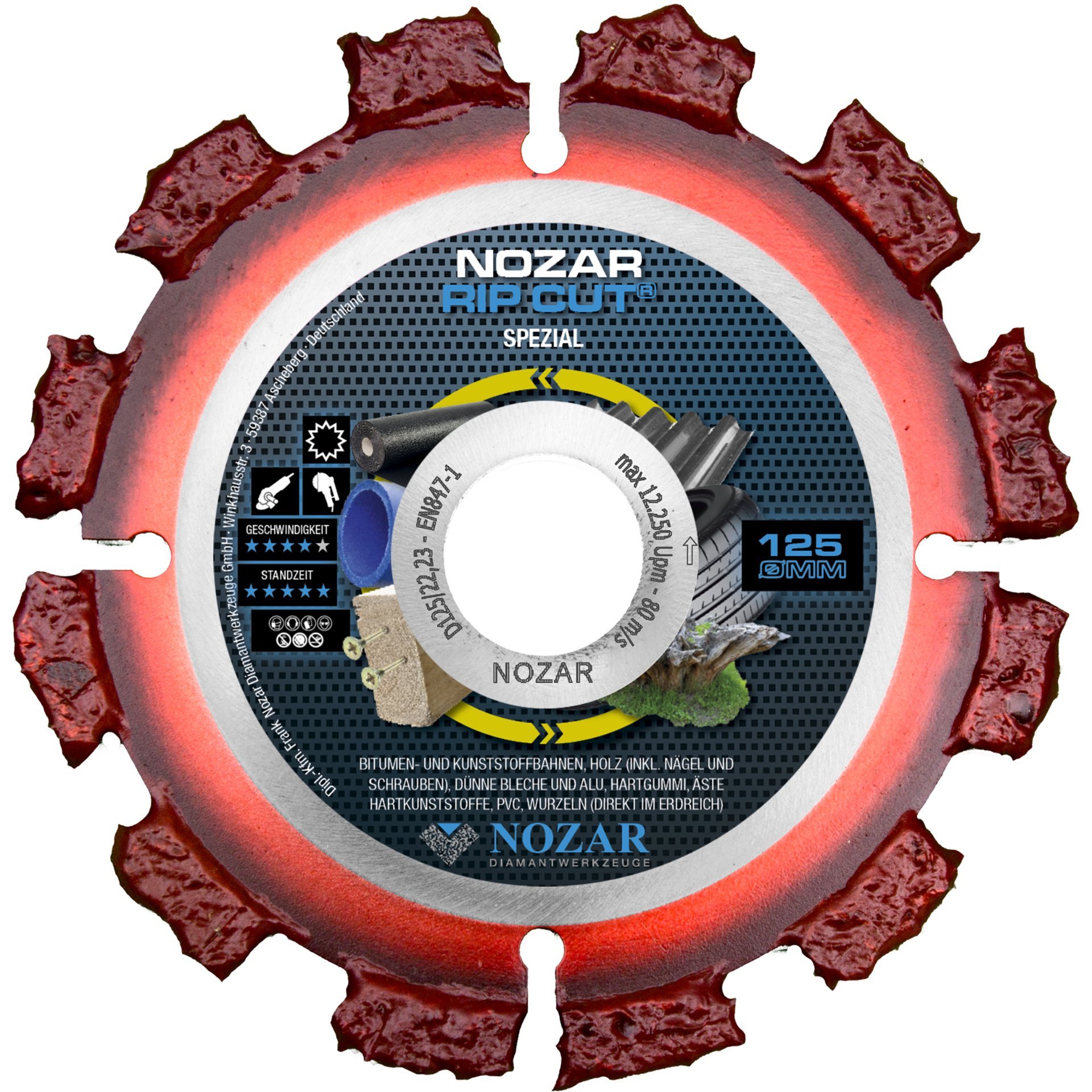 Nozar Hartmetall Trennscheibe / 125 x 22,23 mm / RIP CUT / 20 x 6,0 x 10 mm / 12 Segmente / segmentiert Produktbild img1 L