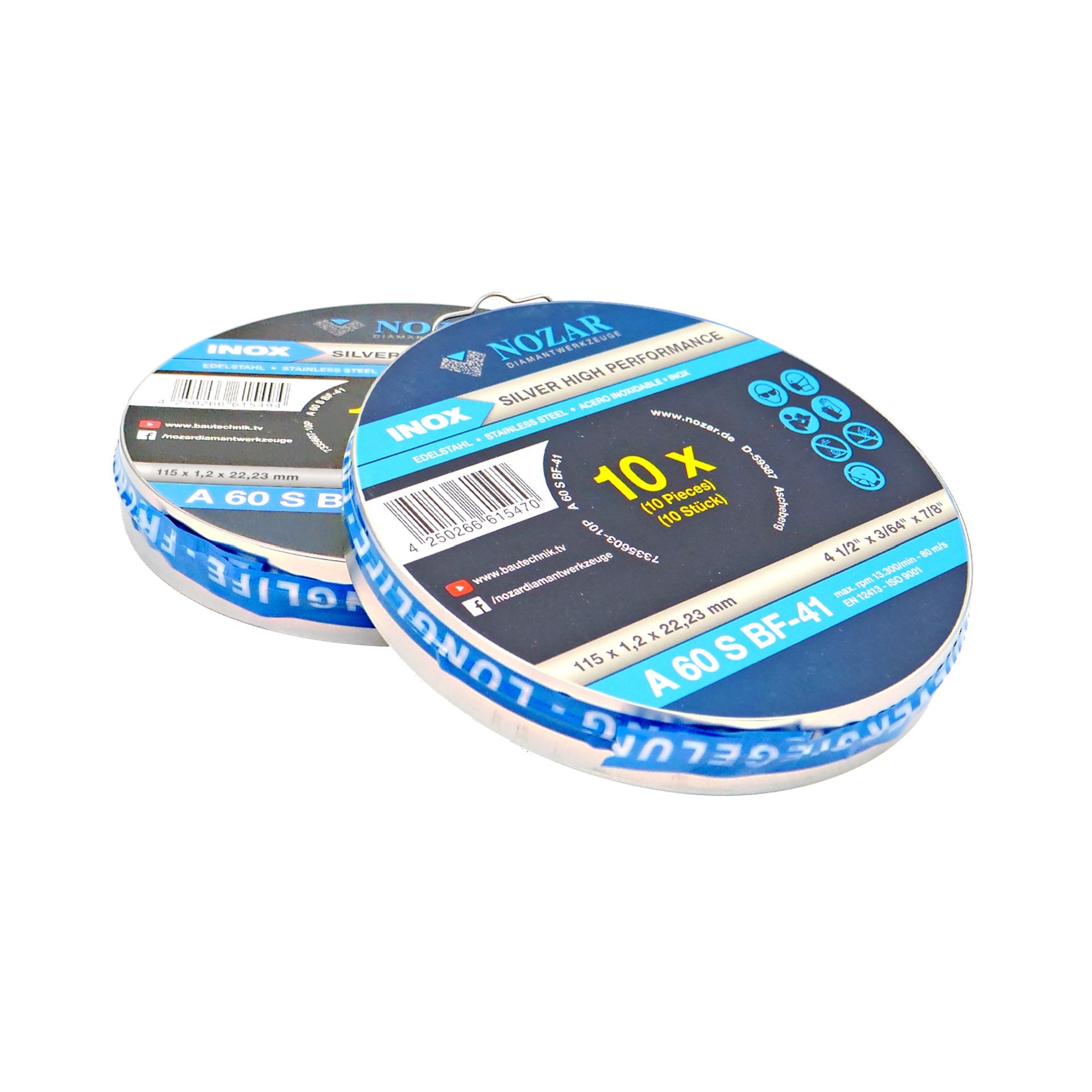 Nozar Trennscheibe Ino x flach / Metallbox a.10 Stück
A60S-BF41 / 115 x 1,2 x 22,23 mm / VE = 12 Stück Produktbild img2 L