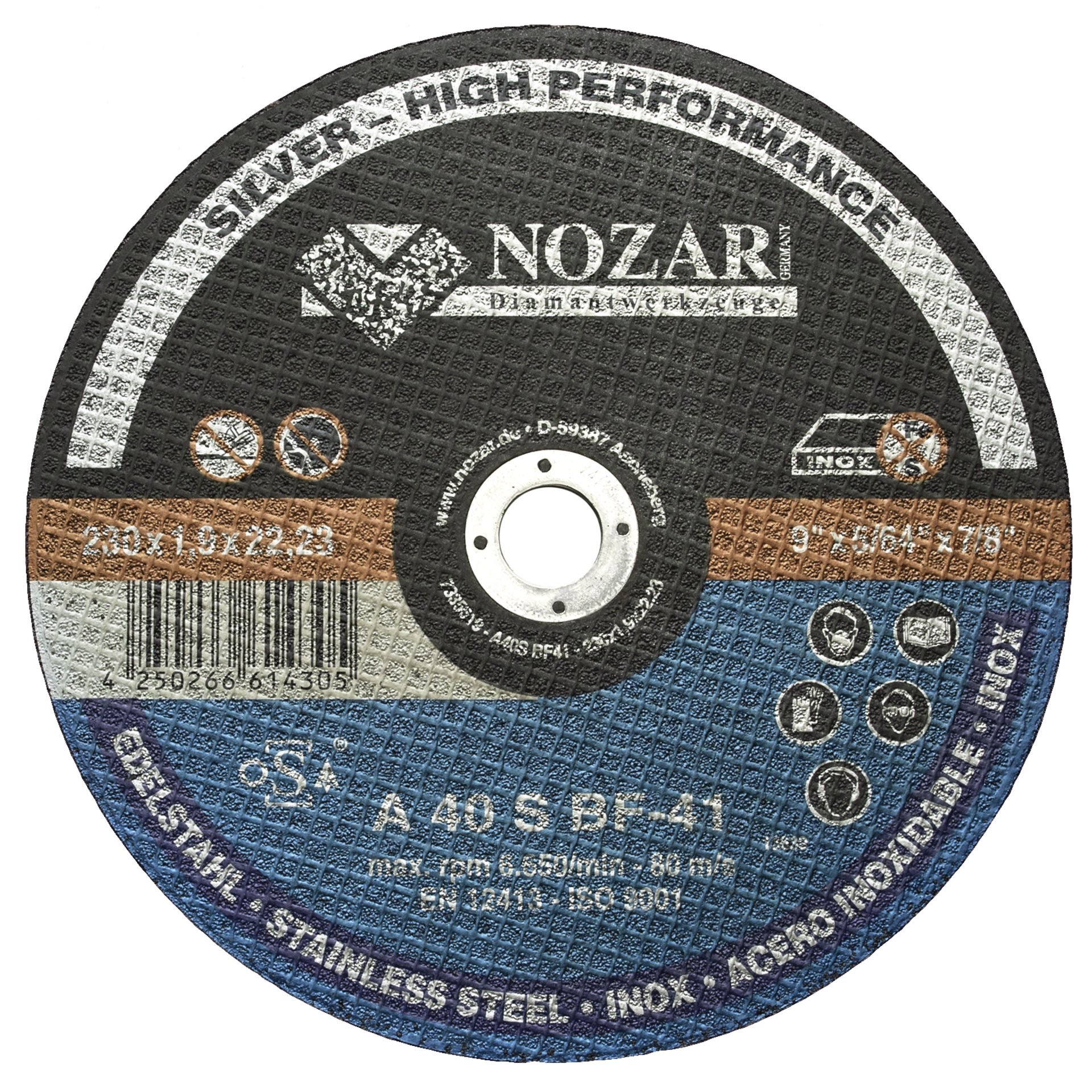 Nozar Trennscheibe Ino x flach / Profi Line
A40S-BF41 / 230 x 1,9 x 22,23 mm / VE = 25 Stück Produktbild img1 L