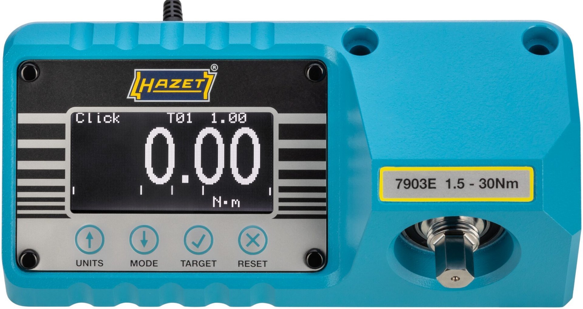 HAZET Drehmoment-Prüfgerät ∙ elektronisch ∙ 1,5 – 30 Nm 7903E ∙ Drehmomentbereich min-max: 1.5 – 30 Nm ∙ 3/8 Zoll (10 mm) Sechskant massiv, 1/4 Zoll (6,3 mm) Vierkant hohl, 3/8 Zoll (10 mm) Vierkant hohl ∙ L x B x H: 175 mm x 64 mm x 72 mm Produktbild img9 L