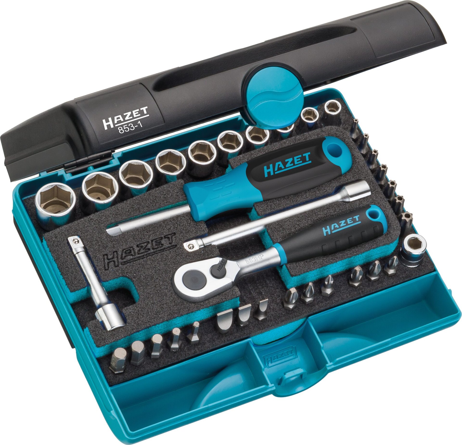 HAZET Steckschlüssel Satz 853-1 ∙ 1/4 Zoll (6,3 mm) Sechskant massiv, 1/4 Zoll (6,3 mm) Vierkant hohl ∙ Außen Sechskant-Tractionsprofil, Innen Sechskant Profil, Kreuzschlitz Profil PH, Schlitz Profil, Pozidriv Profil PZ, Tamper Resistant TORX® Profil ∙ 36-teili Produktbild img1 L