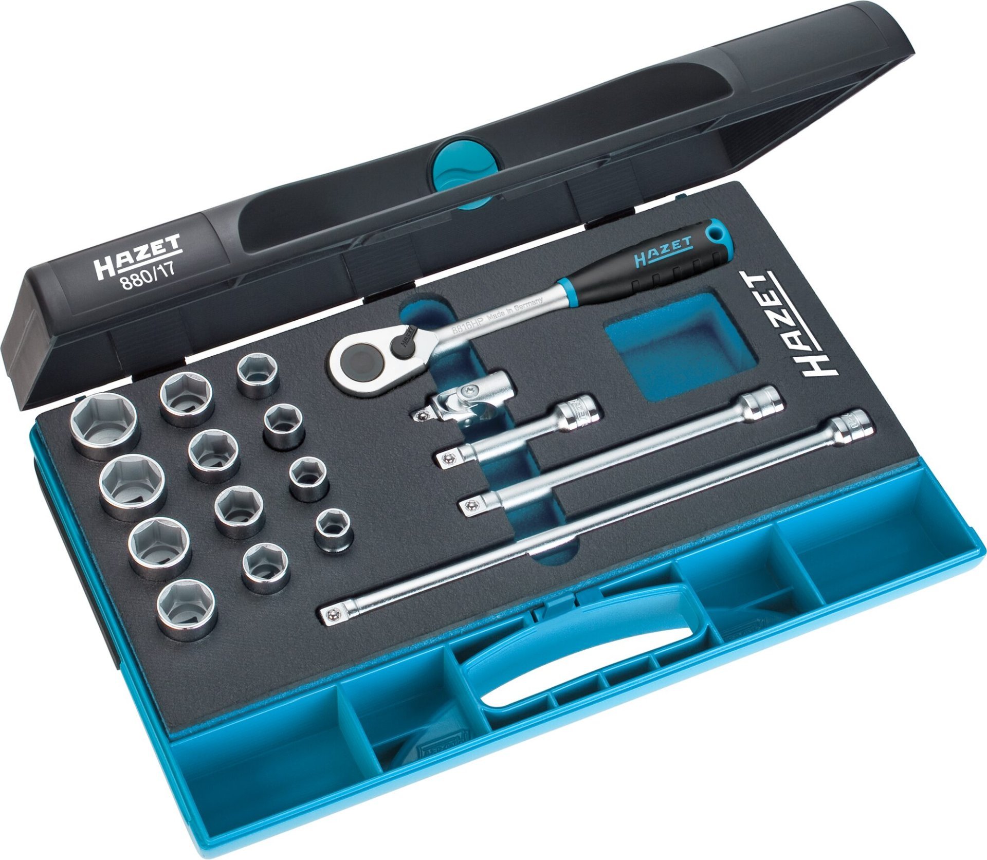 HAZET Steckschlüssel Satz 880/17 ∙ 3/8 Zoll (10 mm) Vierkant hohl ∙ Außen Sechskant-Tractionsprofil ∙ 17-teilig ∙ 10 – 22 Produktbild img1 L