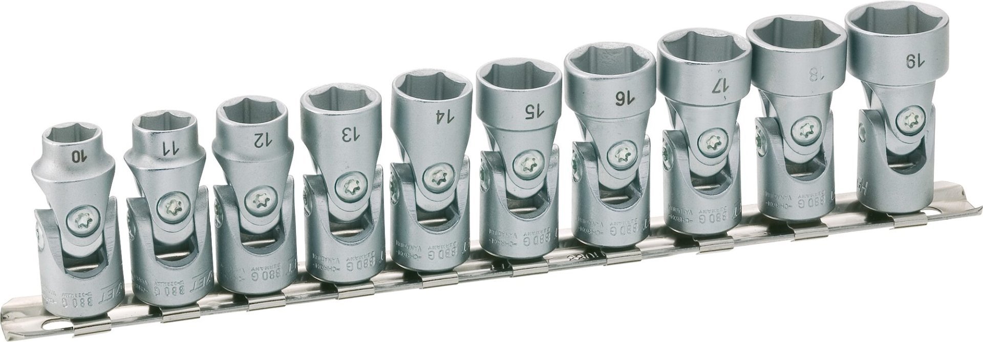 HAZET Sechskant Gelenk Steckschlüssel Satz 880G/10H ∙ 3/8 Zoll (10 mm) Vierkant hohl ∙ Außen Sechskant-Tractionsprofil ∙ 10-teilig ∙ 10 ∙ 11 ∙ 12 ∙ 13 ∙ 14 ∙ 15 ∙ 16 ∙ 17 ∙ 18 ∙ 19 Produktbild img1 L