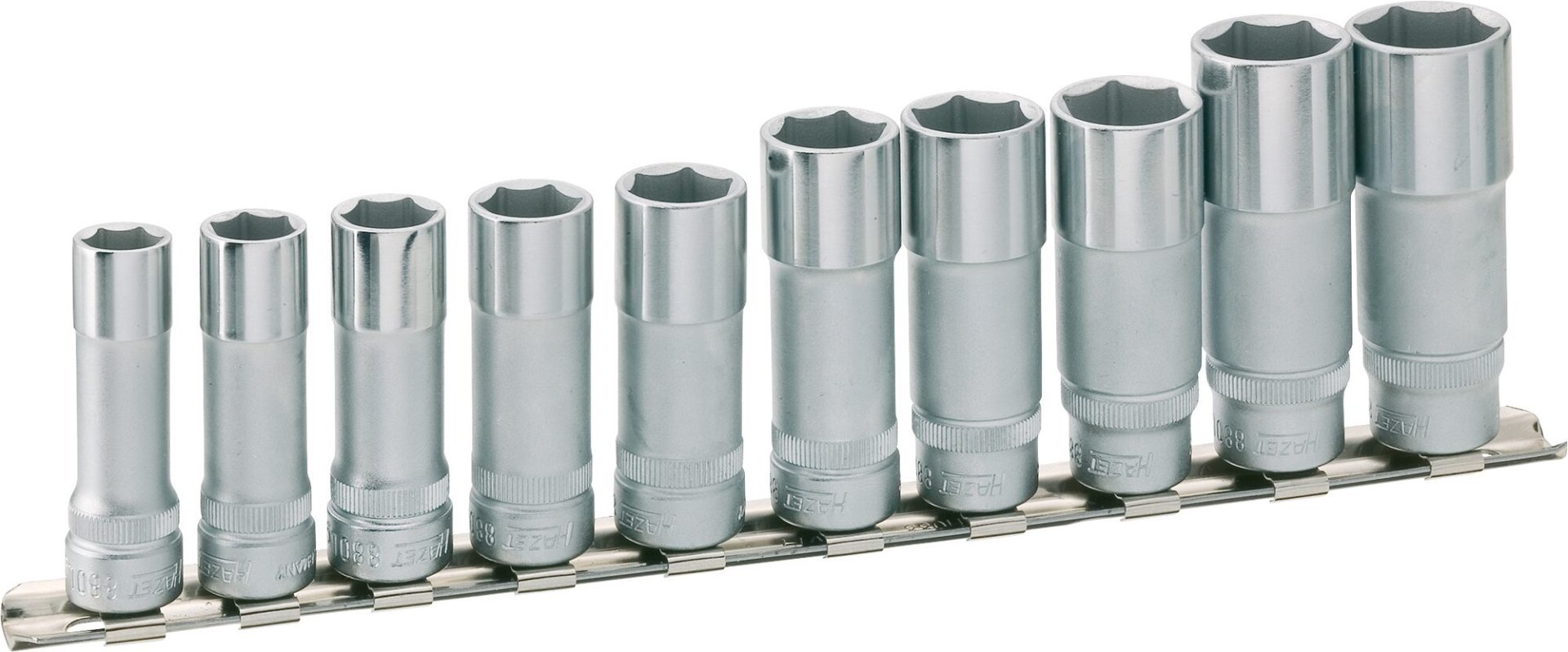 HAZET Steckschlüssel Satz ∙ Sechskant 880LG/10H ∙ 3/8 Zoll (10 mm) Vierkant hohl ∙ Außen Sechskant-Tractionsprofil ∙ 10-teilig ∙ 10 – 19 Produktbild img1 L
