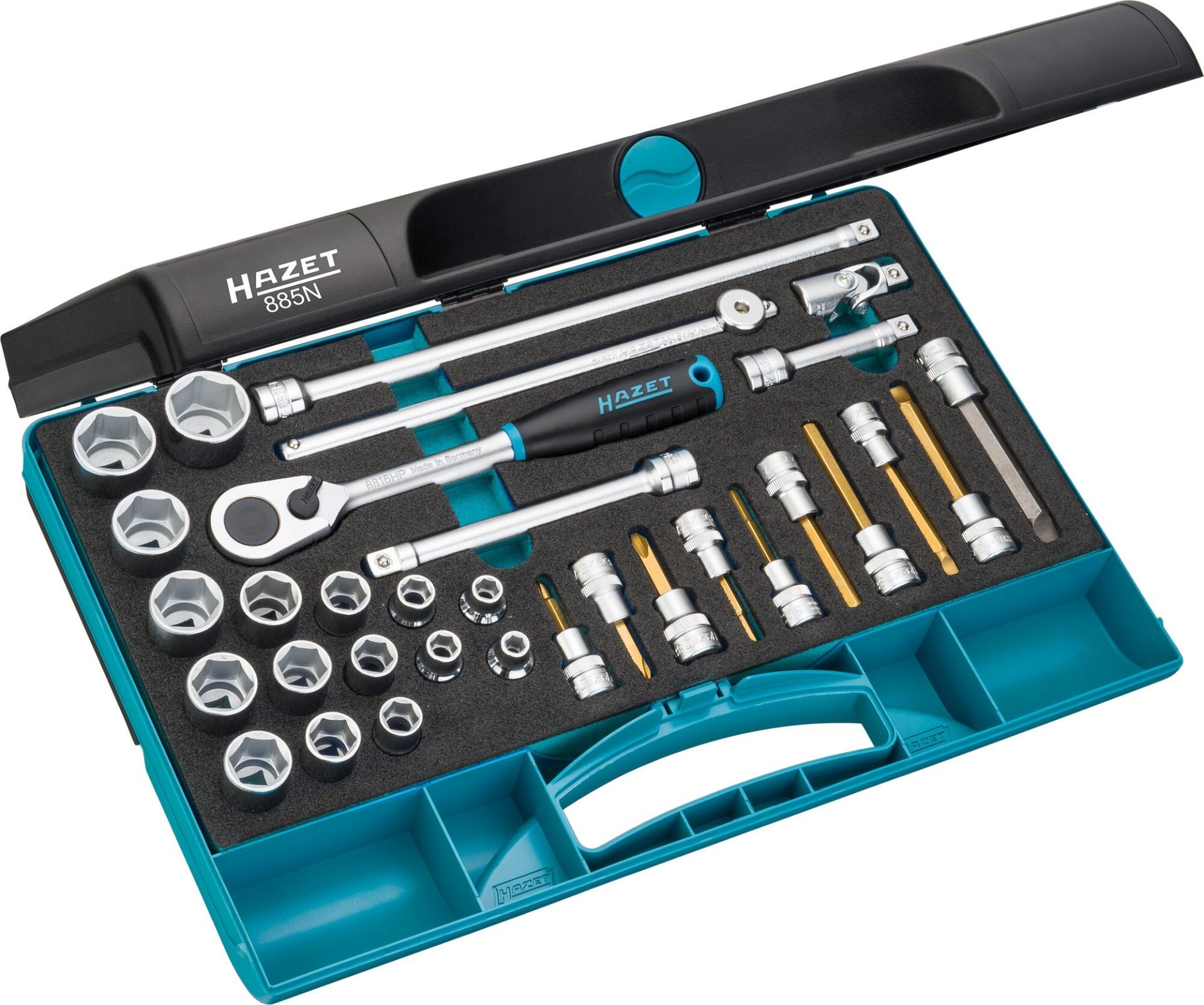 HAZET Steckschlüssel Satz 885N ∙ 3/8 Zoll (10 mm) Vierkant hohl ∙ Außen Sechskant-Tractionsprofil, Innen Sechskant Profil, Kreuzschlitz Profil PH, Schlitz Profil ∙ 32-teilig ∙ 4 – 22 ∙ PH1 – PH3 Produktbild img1 L