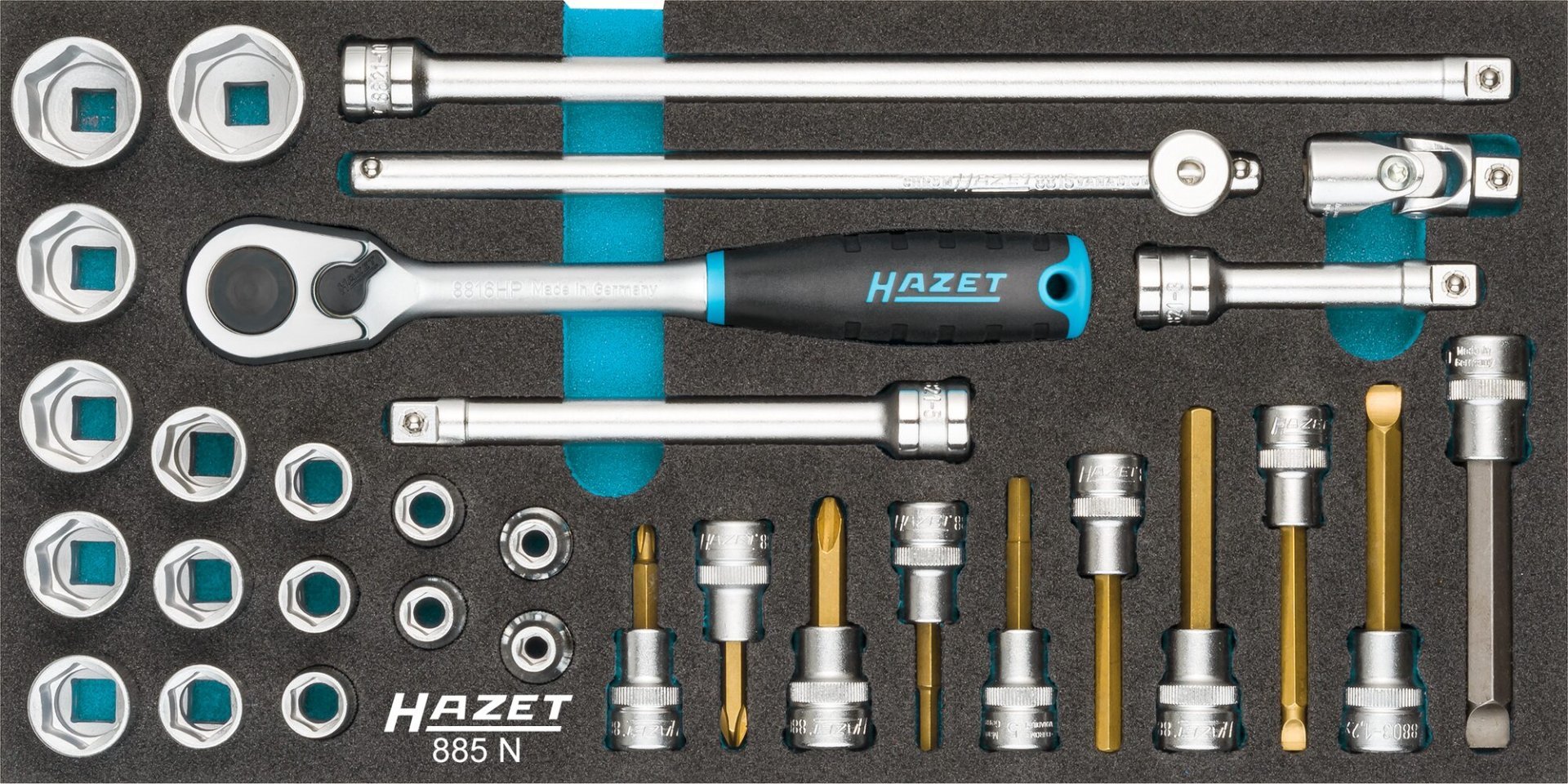 HAZET Steckschlüssel Satz 885N ∙ 3/8 Zoll (10 mm) Vierkant hohl ∙ Außen Sechskant-Tractionsprofil, Innen Sechskant Profil, Kreuzschlitz Profil PH, Schlitz Profil ∙ 32-teilig ∙ 4 – 22 ∙ PH1 – PH3 Produktbild img2 L