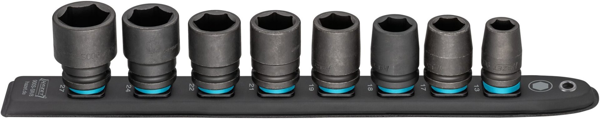 HAZET SmartRail ∙ Flexible Kunststoff-Steckleiste 900S-SR/8 ∙ 1/2 Zoll (12,5 mm) Vierkant hohl ∙ Außen Sechskant-Tractionsprofil ∙ 8-teilig ∙ 13 ∙ 17 ∙ 18 ∙ 19 ∙ 21 ∙ 22 ∙ 24 ∙ 27 Produktbild img1 L