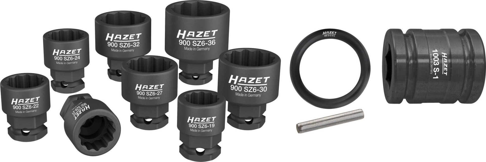 HAZET Schlag-, Maschinenschrauber Steckschlüssel Satz 900SZ6/11 ∙ 1/2 Zoll (12,5 mm) Vierkant hohl, 24 mm Außen-Sechskant ∙ Außen Doppelsechskant-Tractionsprofil ∙ 11-teilig ∙ 19 ∙ 21 ∙ 22 ∙ 24 ∙ 27 ∙ 30 ∙ 32 ∙ 36 Produktbild img1 L