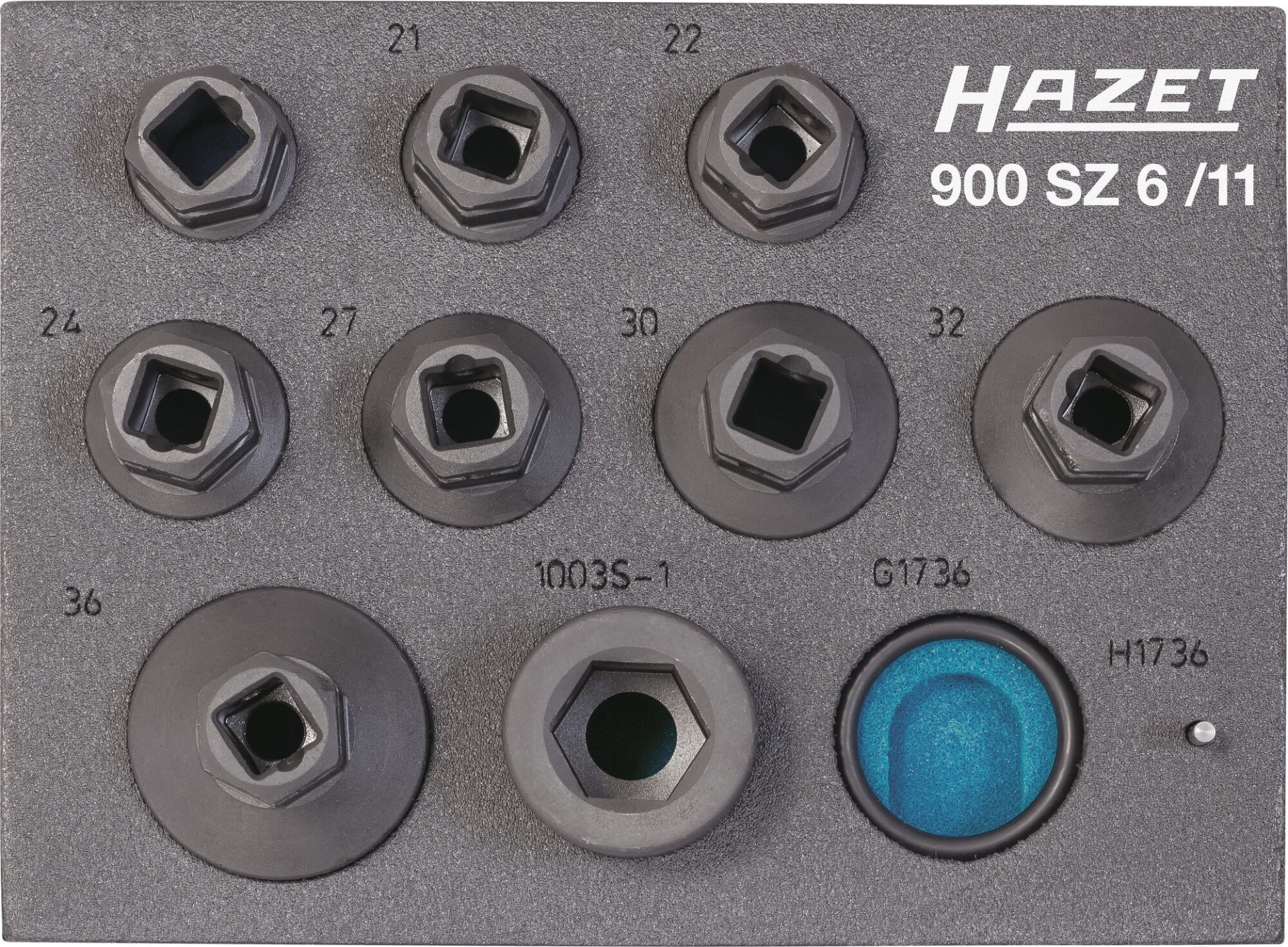 HAZET Schlag-, Maschinenschrauber Steckschlüssel Satz 900SZ6/11 ∙ 1/2 Zoll (12,5 mm) Vierkant hohl, 24 mm Außen-Sechskant ∙ Außen Doppelsechskant-Tractionsprofil ∙ 11-teilig ∙ 19 ∙ 21 ∙ 22 ∙ 24 ∙ 27 ∙ 30 ∙ 32 ∙ 36 Produktbild img4 L