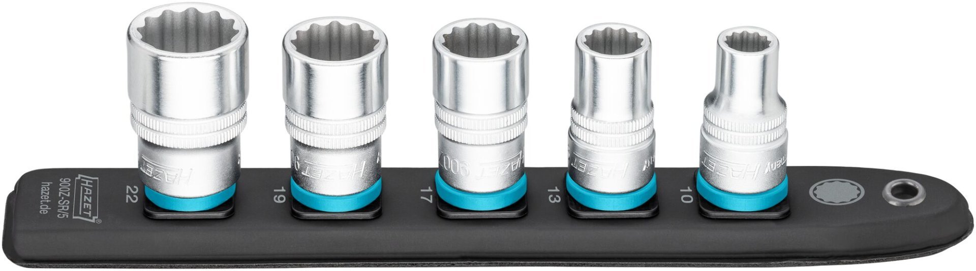 HAZET SmartRail ∙ Flexible Kunststoff-Steckleiste 900Z-SR/5 ∙ 1/2 Zoll (12,5 mm) Vierkant hohl ∙ Außen Doppelsechskant-Tractionsprofil ∙ 5-teilig ∙ 10 ∙ 13 ∙ 17 ∙ 19 ∙ 22 Produktbild img1 L