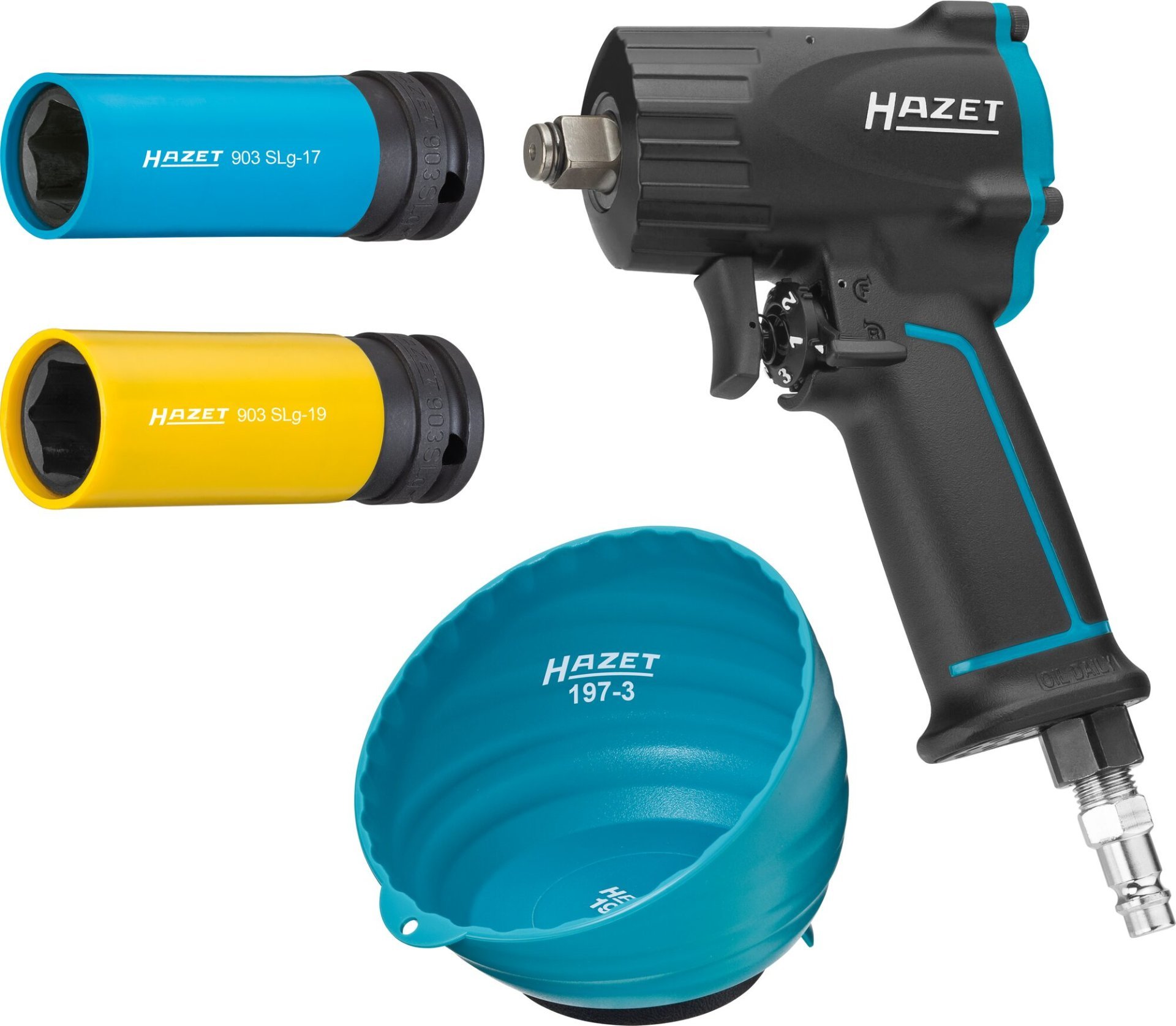 HAZET Schlagschrauber Satz 9012M/4 ∙ Lösemoment maximal [Nm]: 1100 Nm ∙ 1/2 Zoll (12,5 mm) Vierkant massiv ∙ 4-teilig ∙ 17 ∙ 19 ∙ Jumbohammer-Schlagwerk Produktbild img1 L
