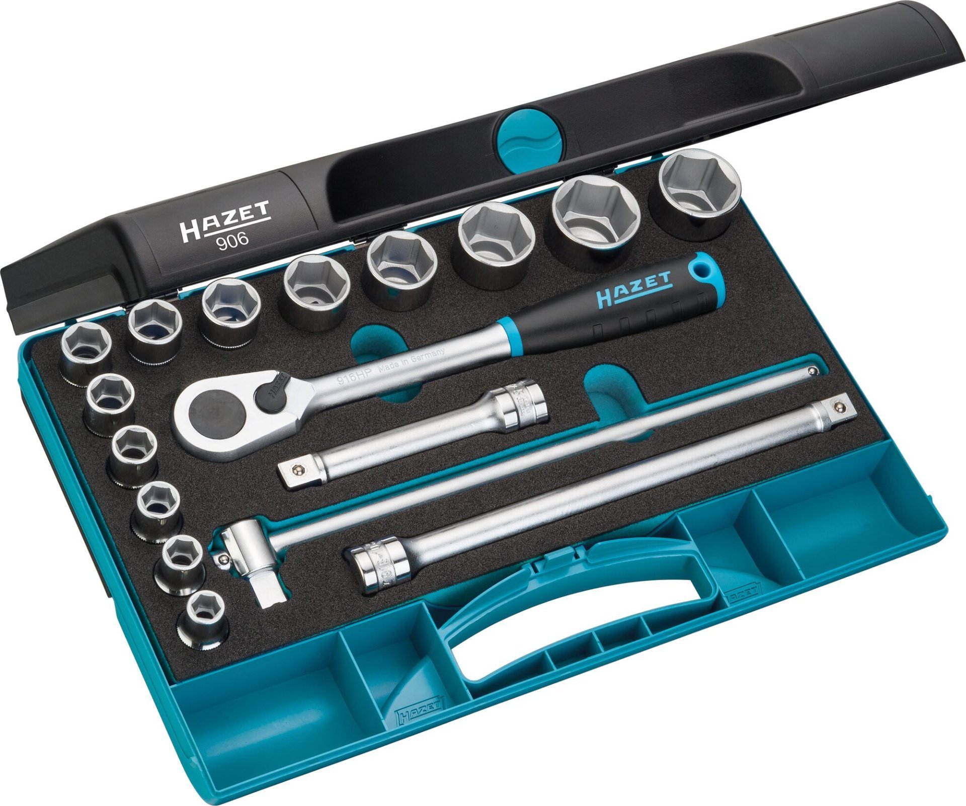 HAZET Steckschlüssel Satz 906 ∙ 1/2 Zoll (12,5 mm) Vierkant hohl ∙ Außen Sechskant-Tractionsprofil ∙ 17-teilig ∙ 10 – 32 Produktbild img1 L