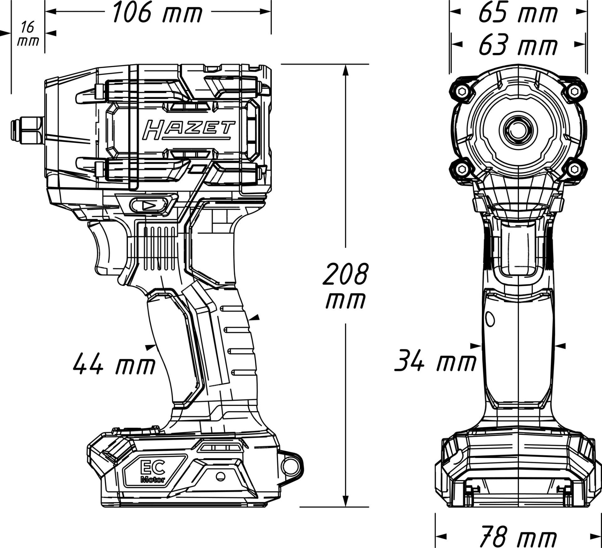 HAZET Akku-Schlagschrauber 9512-600 ∙ Lösemoment maximal [Nm]: 600 Nm ∙ 1/2 Zoll (12,5 mm) Vierkant massiv ∙ L x B x H: 125 mm x 78 mm x 208 mm Produktbild img5 L
