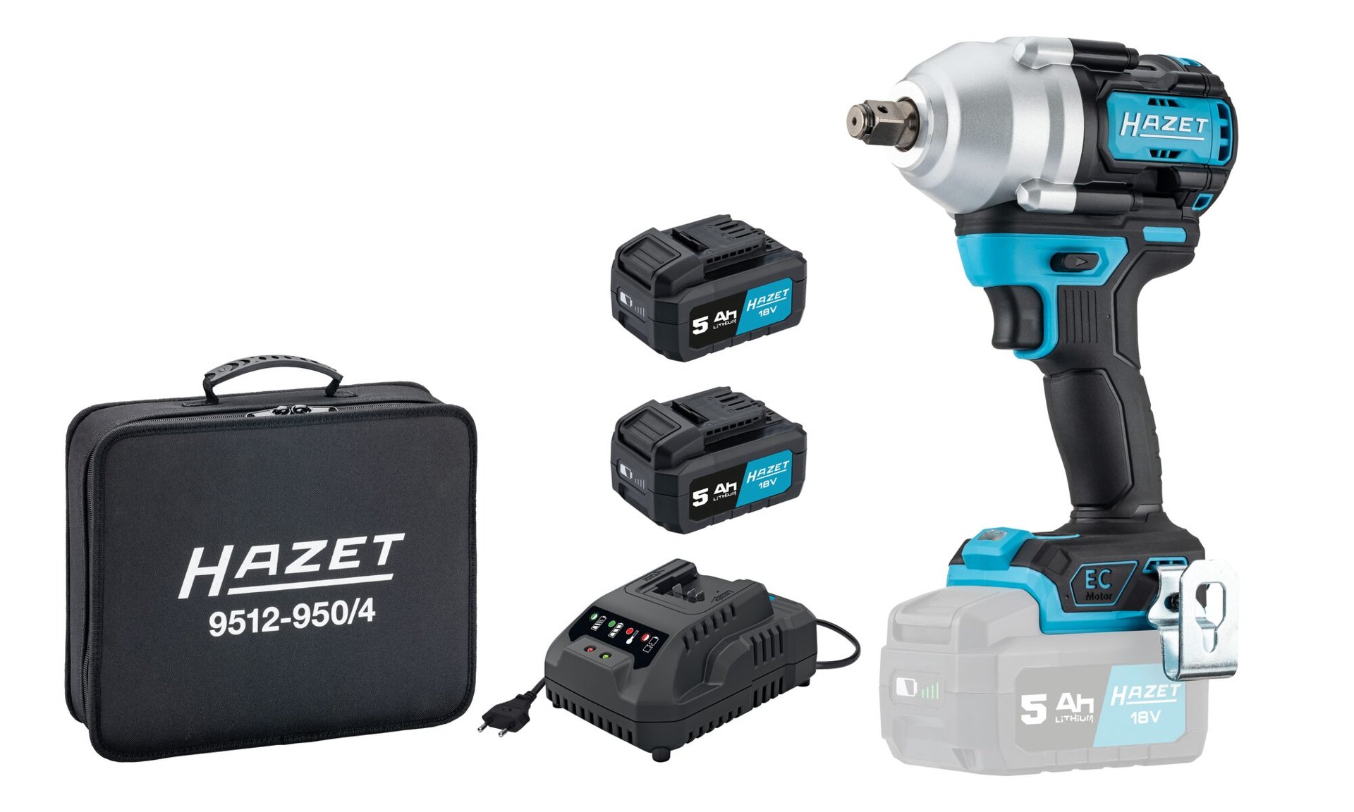HAZET Akku-Schlagschrauber 9512-950/4 ∙ Lösemoment maximal [Nm]: 950 Nm ∙ 1/2 Zoll (12,5 mm) Vierkant massiv ∙ 4-teilig Produktbild img7 L