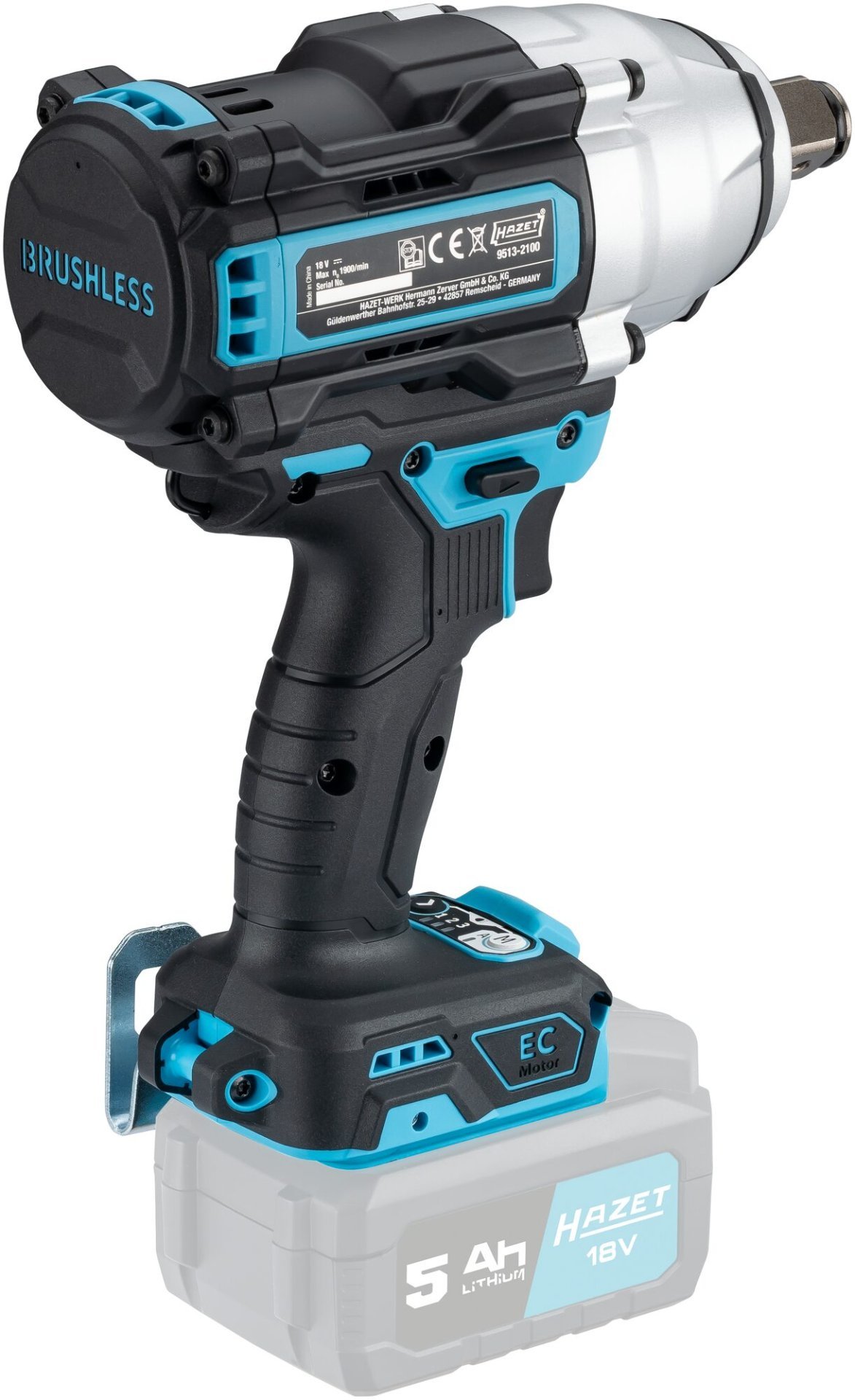 HAZET Akku-Schlagschrauber 9513-2100 ∙ Lösemoment maximal [Nm]: 2100 Nm ∙ 3/4 Zoll (20 mm) Vierkant massiv ∙ L x B x H: 209 mm x 98 mm x 243 mm Produktbild img8 L